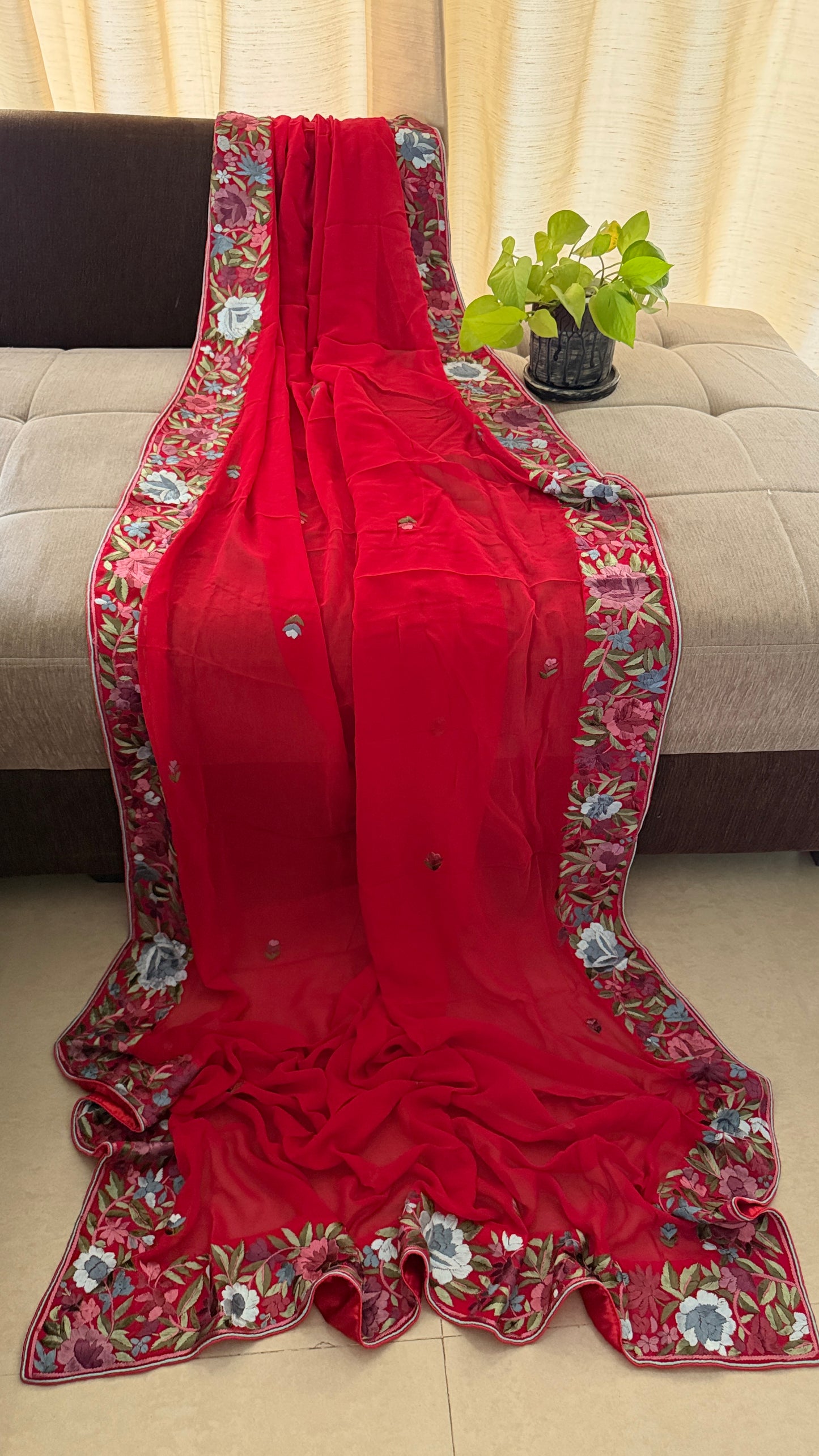 Artisanal Red Floral Parsi Gara Dupatta