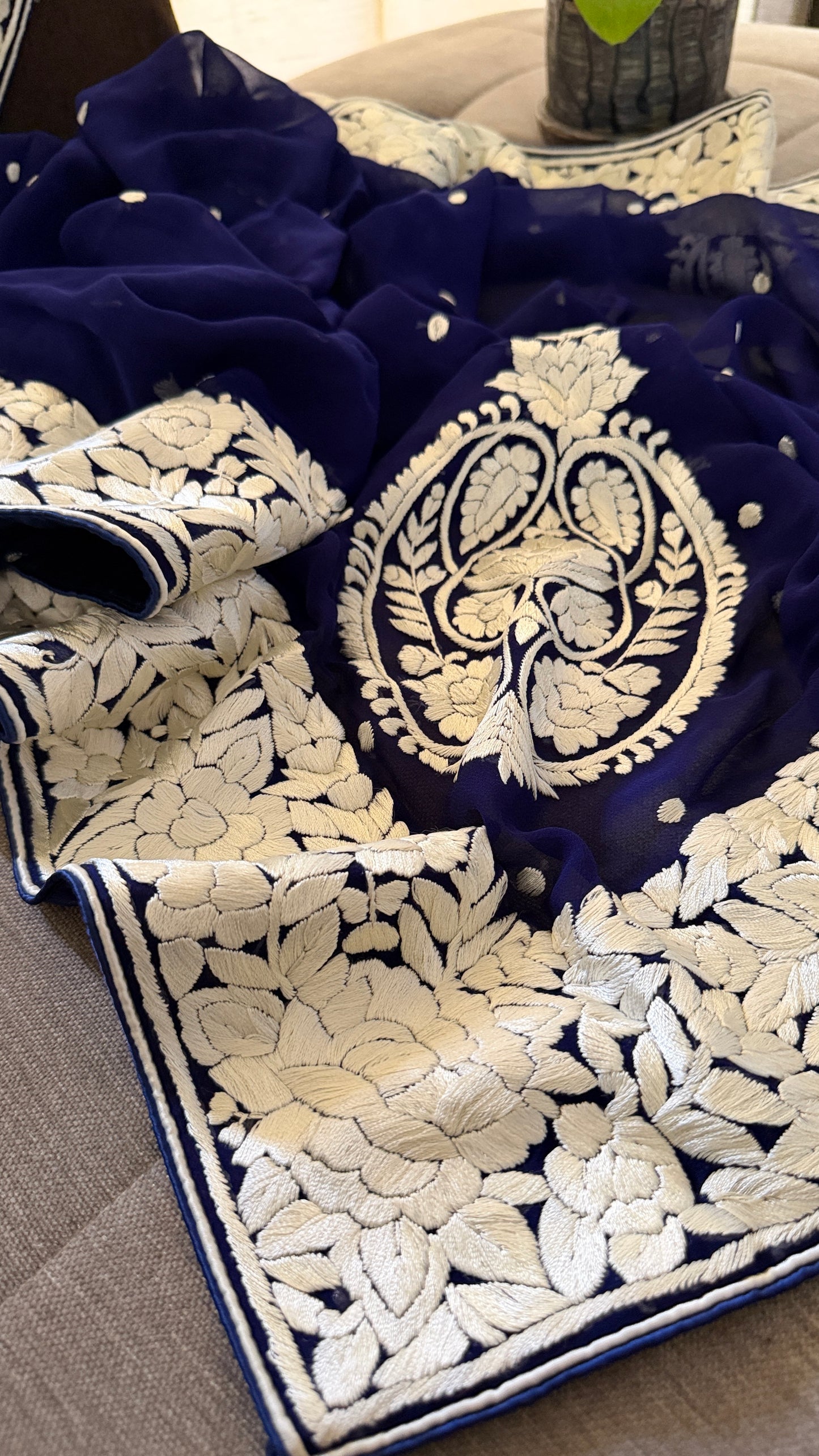 Heirloom Navy Ivory Pure Georgette Parsi Gara Dupatta