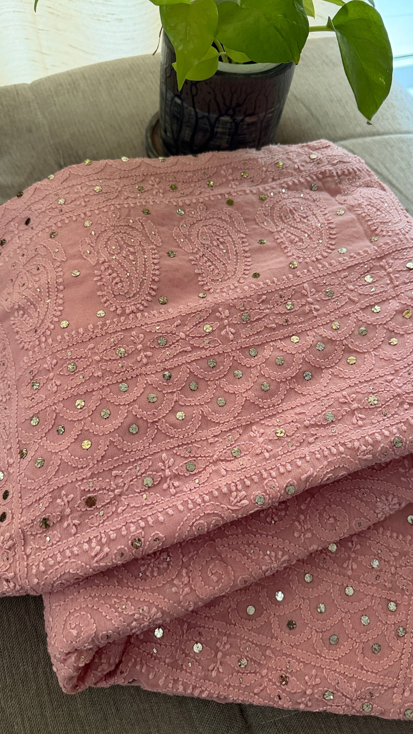 Party Wear Dusty Rose Pink Mukaish Chikankari Saree for Women