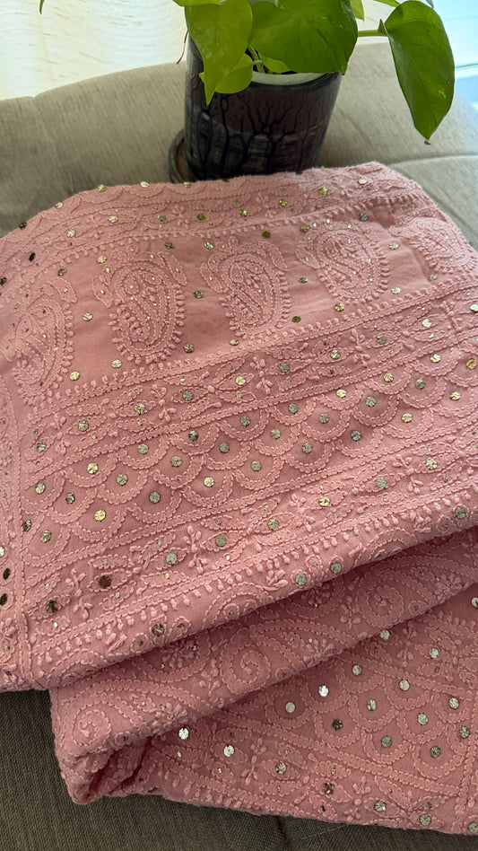 Party Wear Dusty Rose Pink Mukaish Chikankari Saree for Women