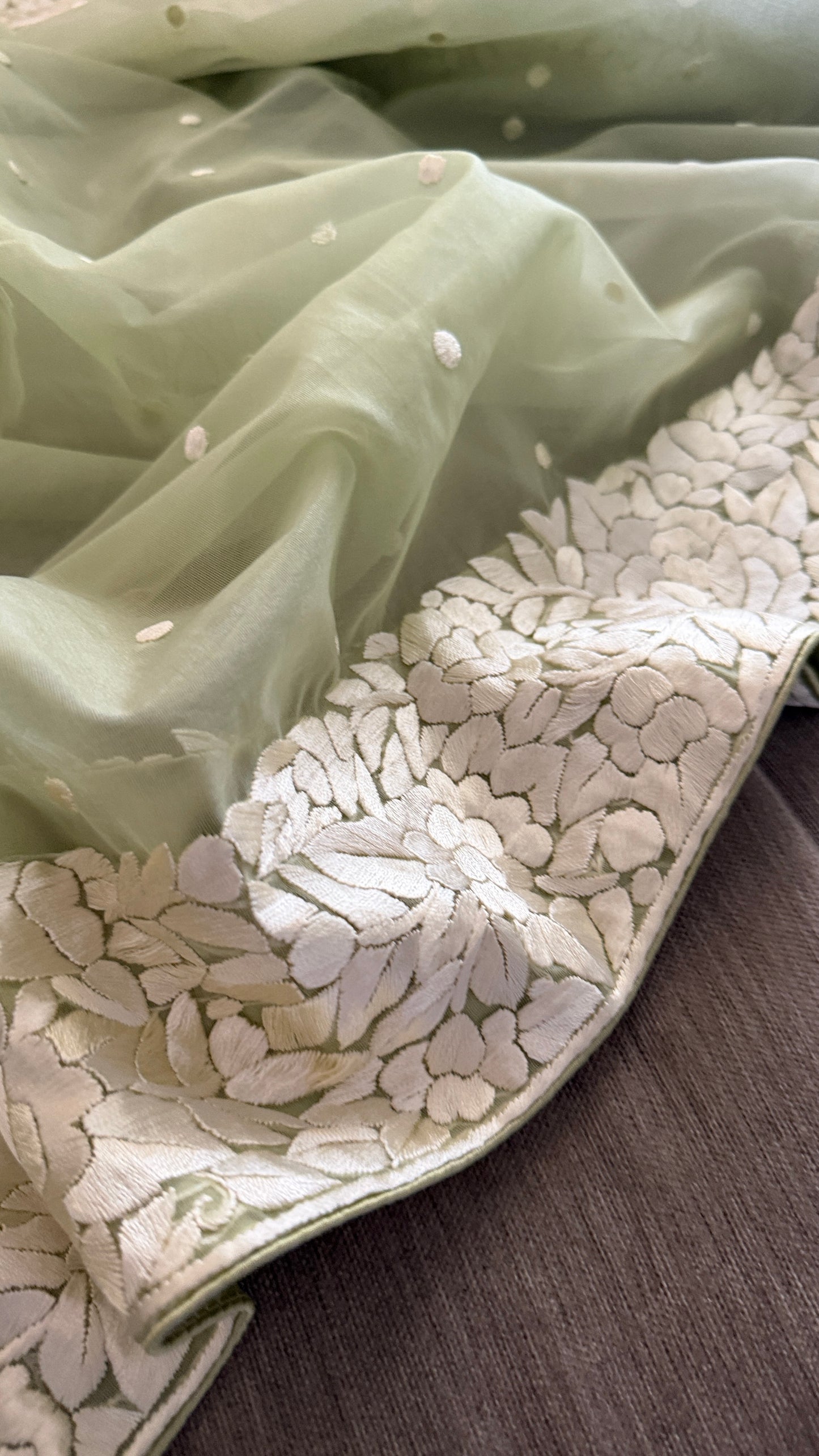 Exclusive Sage Green Organza Parsi Gara Dupatta