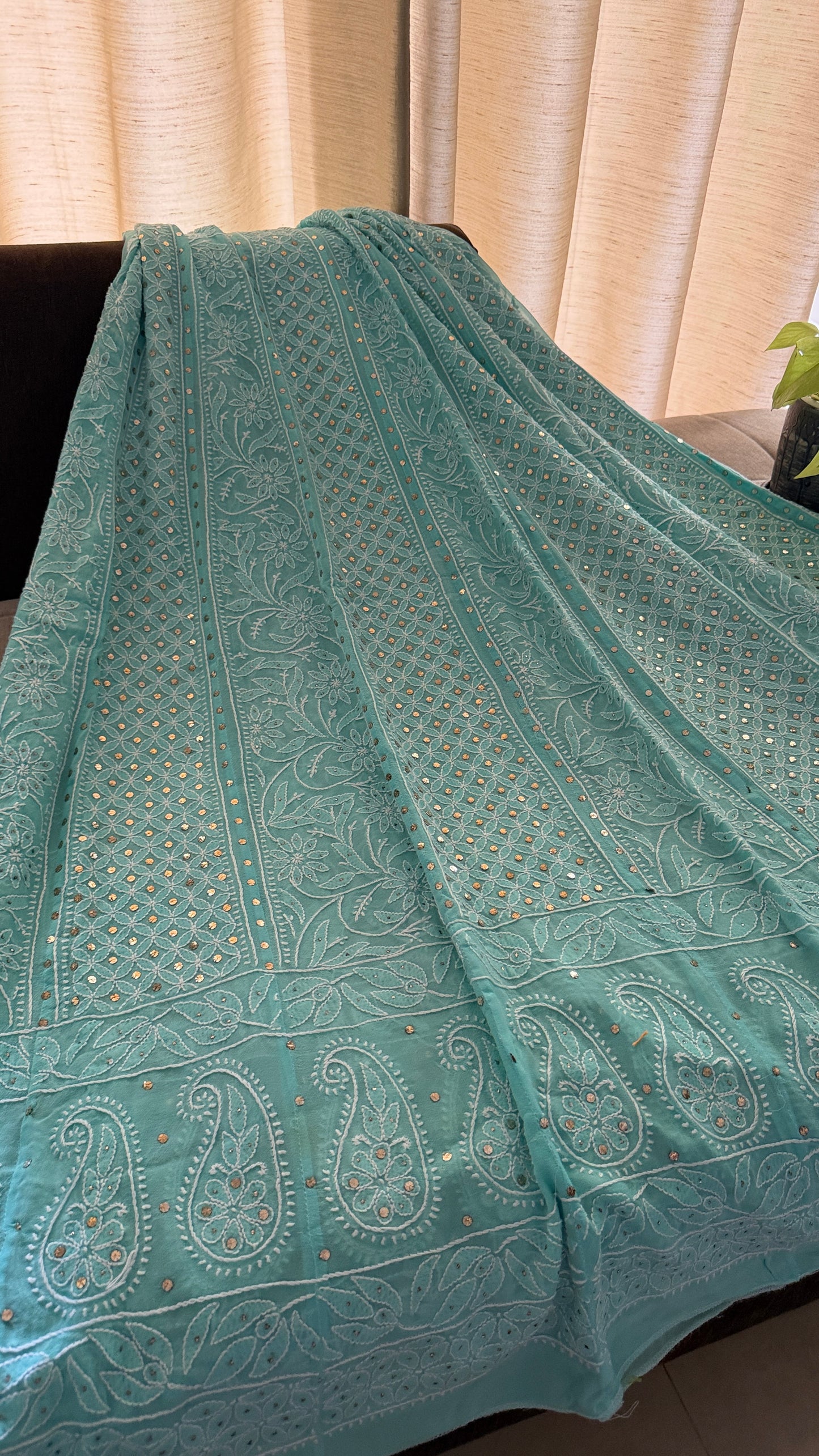 Sea Green Chikankari Anarkali Suit With Golden Mukaish (Anarkali And Dupatta)