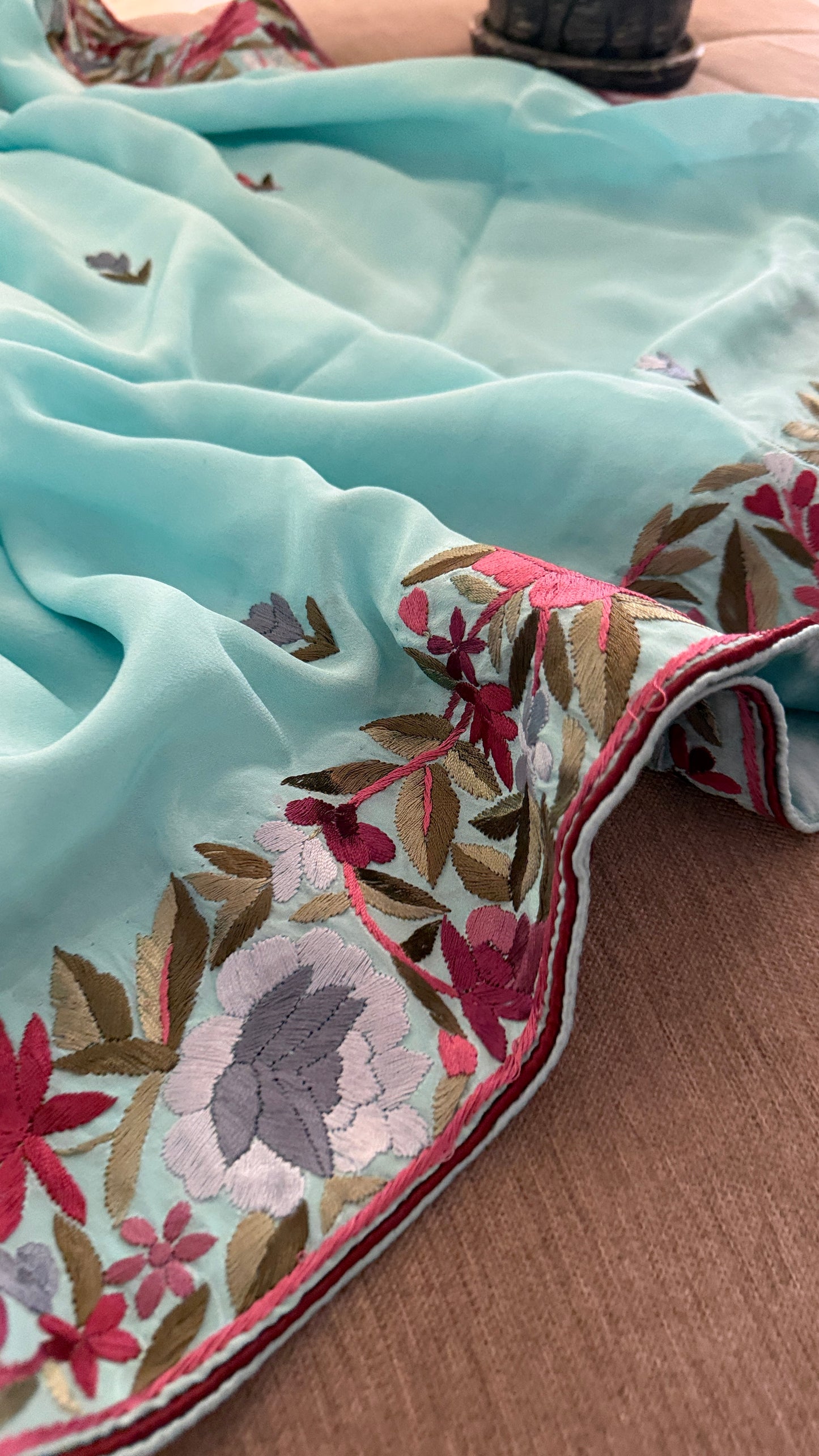 Designer Aqua Green Crepe Silk Parsi Gara Dupatta