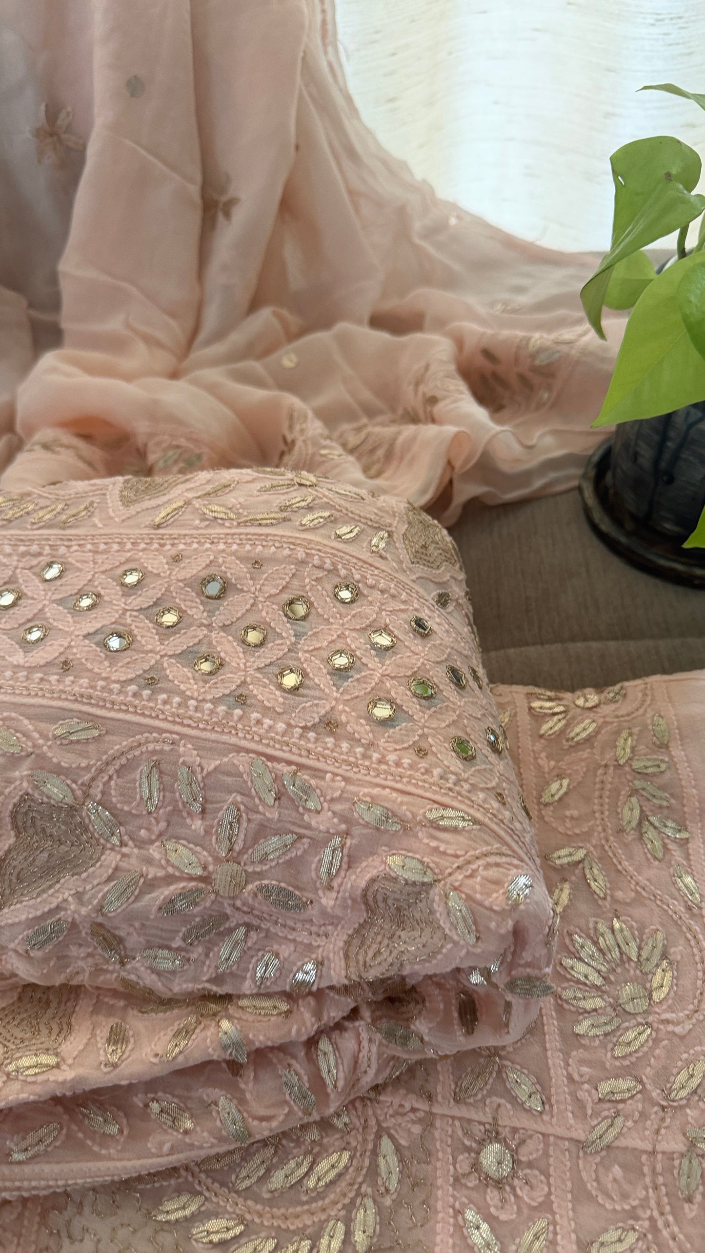 Designer Pastel Pink Mirror Gota Patti Chikankari Anarkali Suit