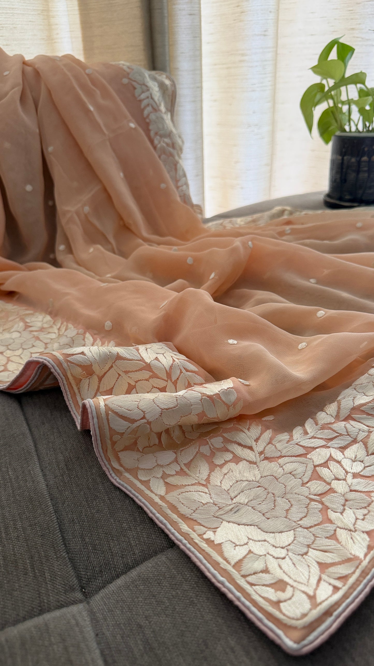 Artisanal Peach Parsi Gara Dupatta