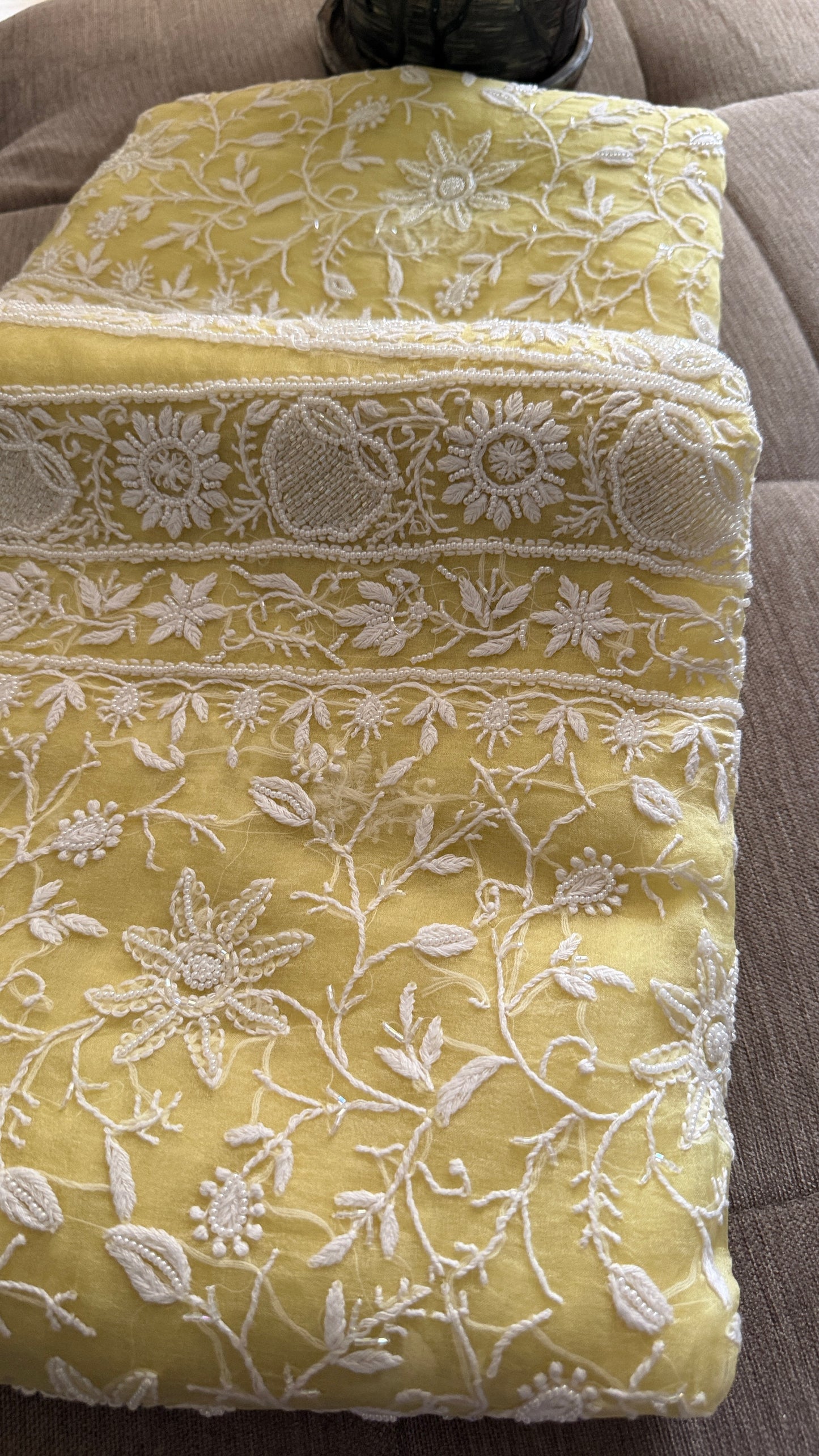Designer Yellow Organza Cut Dana Pearl Chikankari Suit