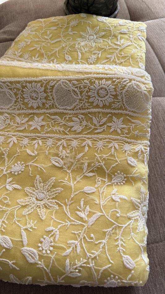 Designer Yellow Organza Cut Dana Pearl Chikankari Suit
