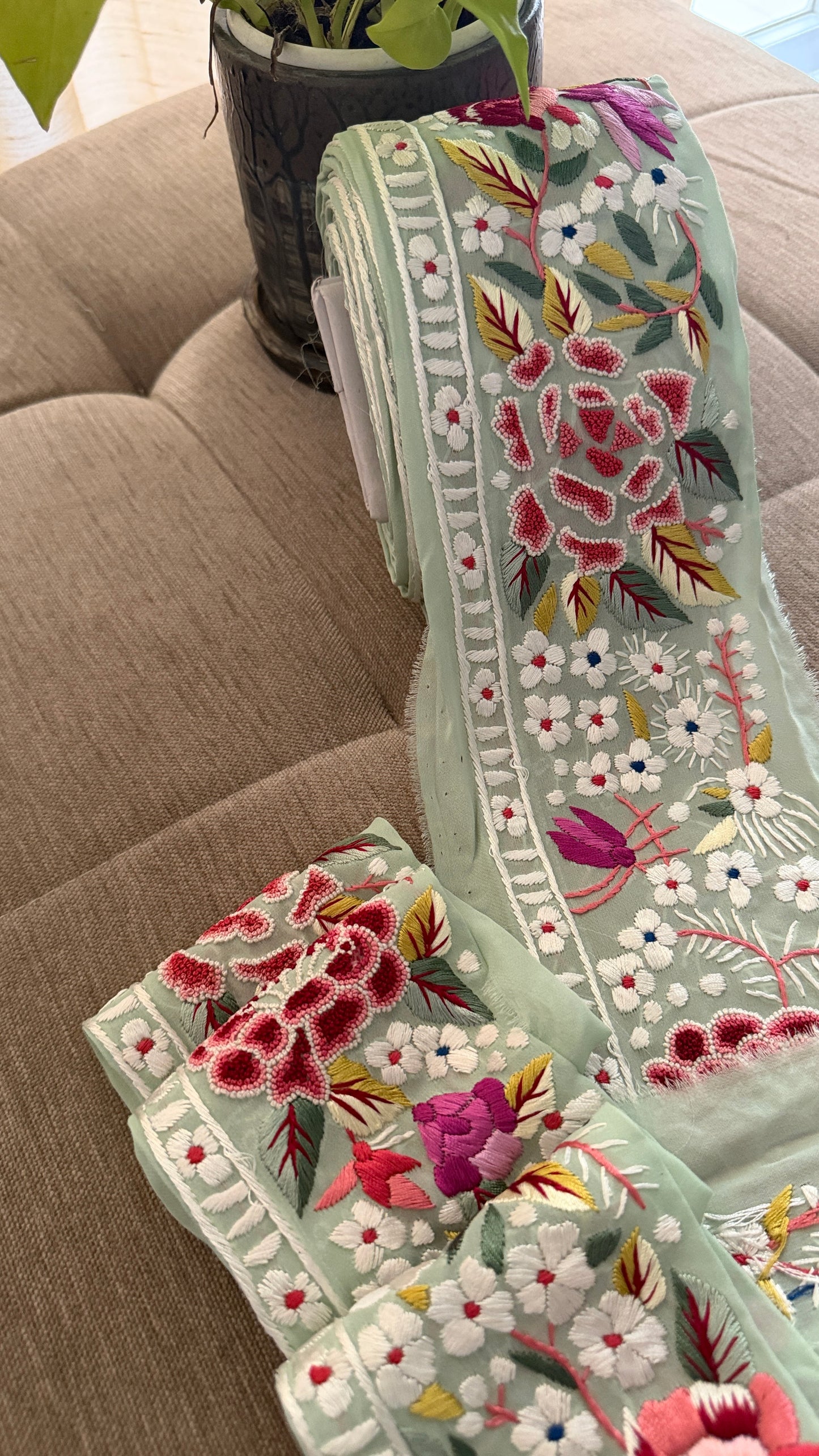 Exclusive Parsi Gara Hand Embroidered Border (Pista Green)