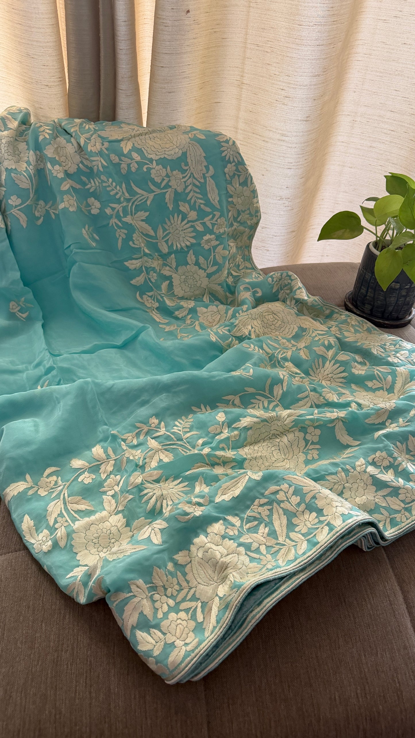 Aqua Green Crepe Silk Parsi Gara Saree