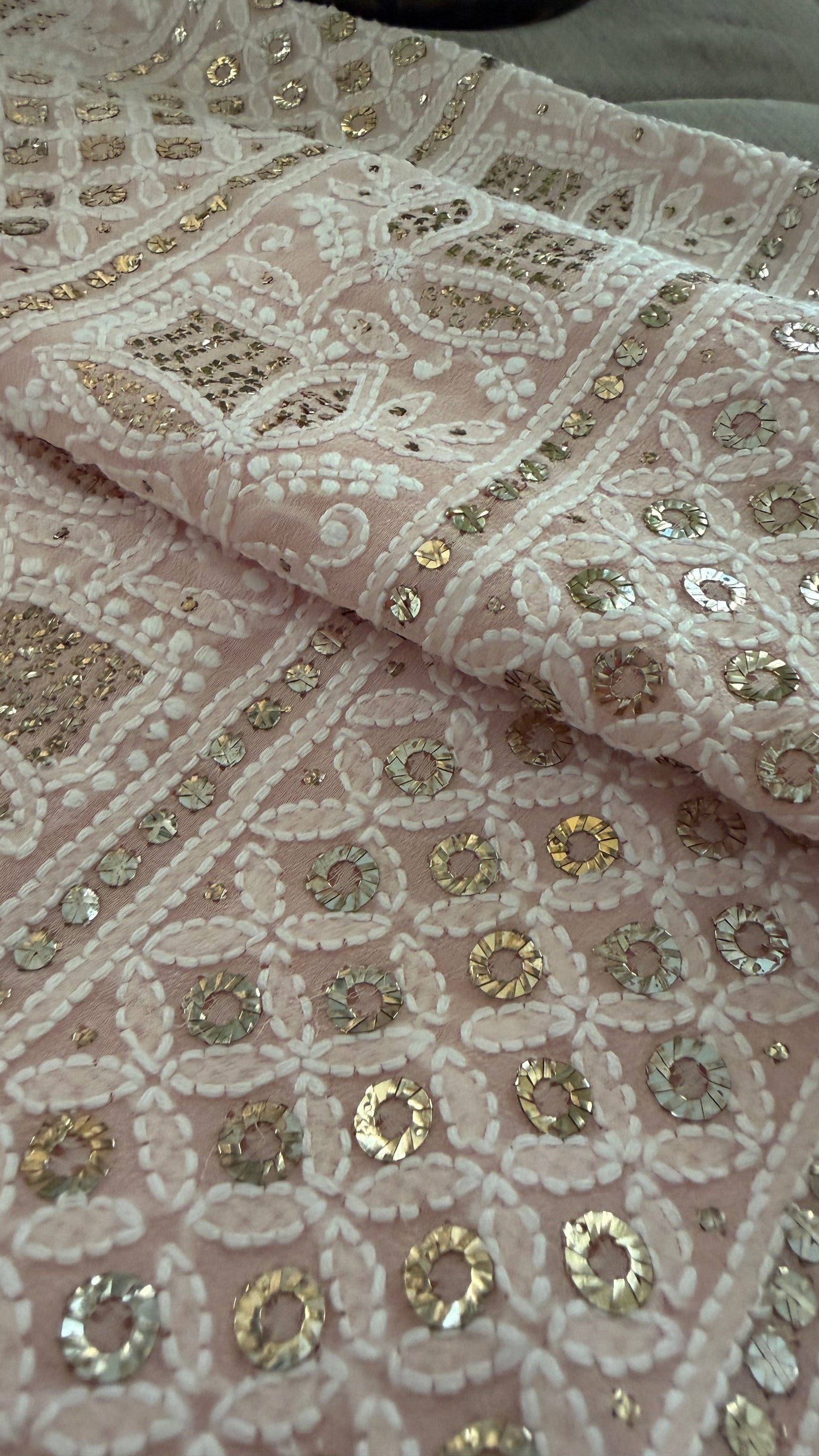 Powder Pink Ring Mukaish Chikankari Suit (Kurta & Dupatta)