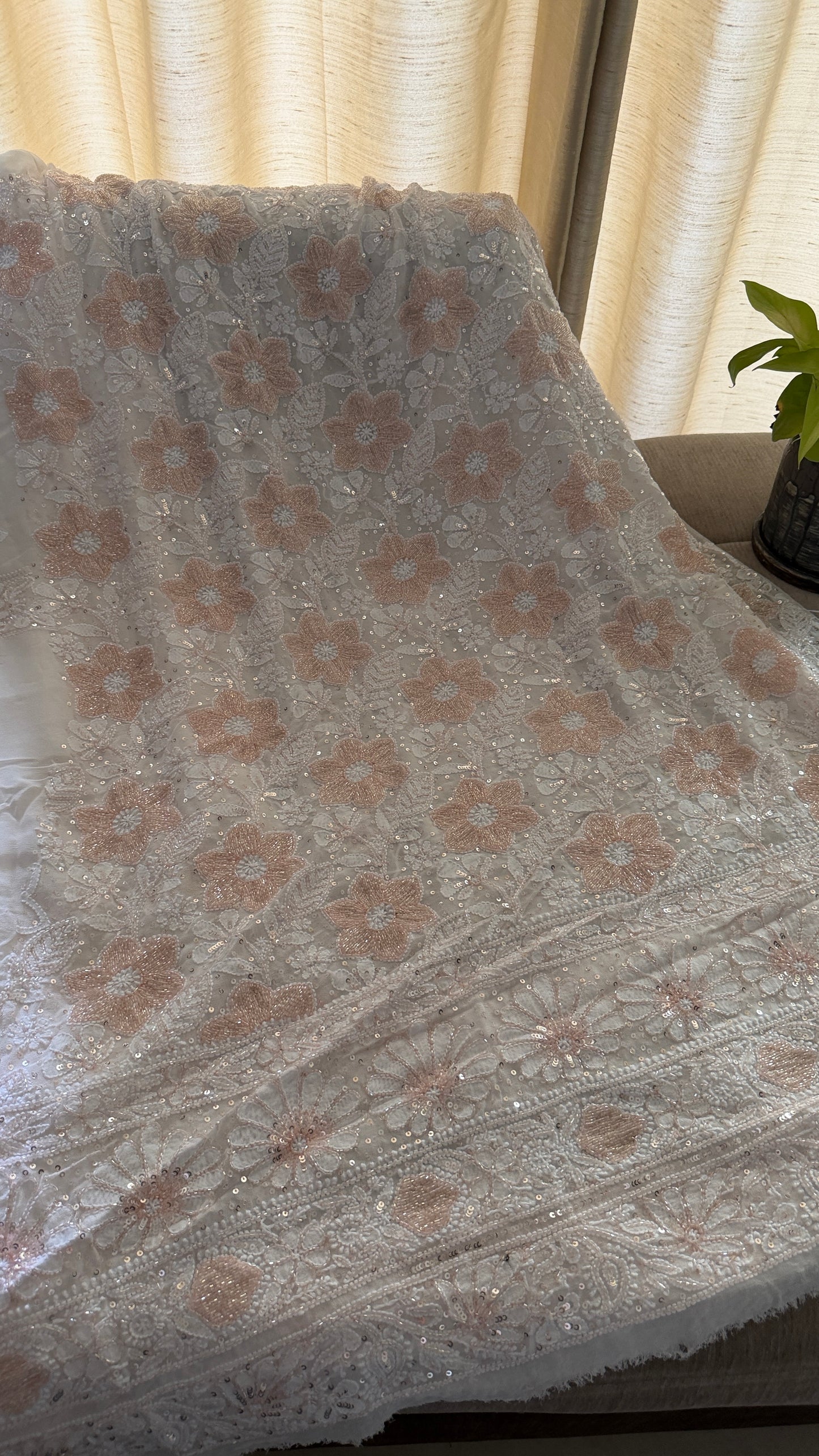 Fine Chikankari Suit with Peach Beads Work