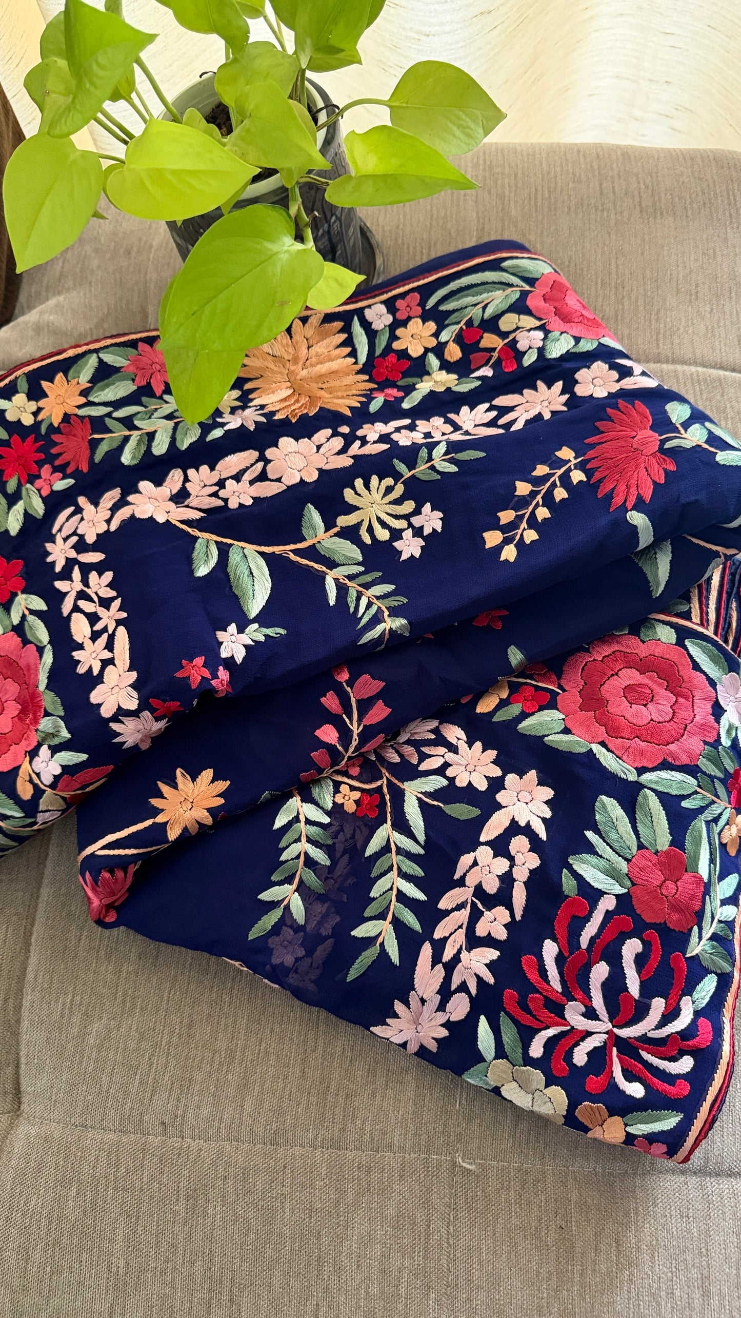Navy Multicolour Floral Parsi Gara Saree