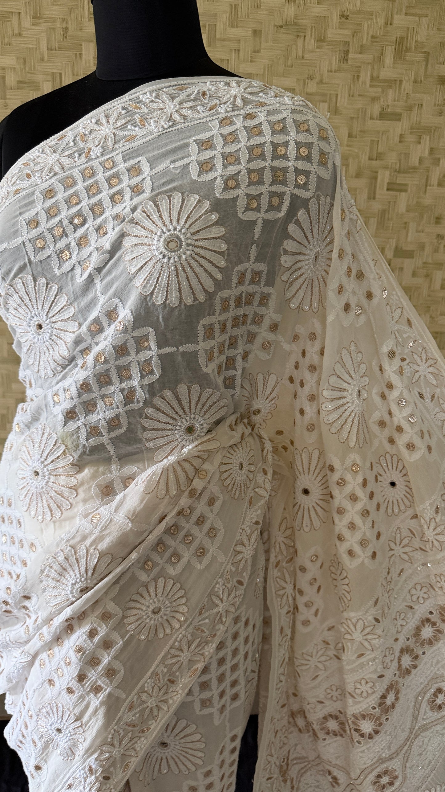 Ivory White Pearl Gota Patti Chikankari Saree