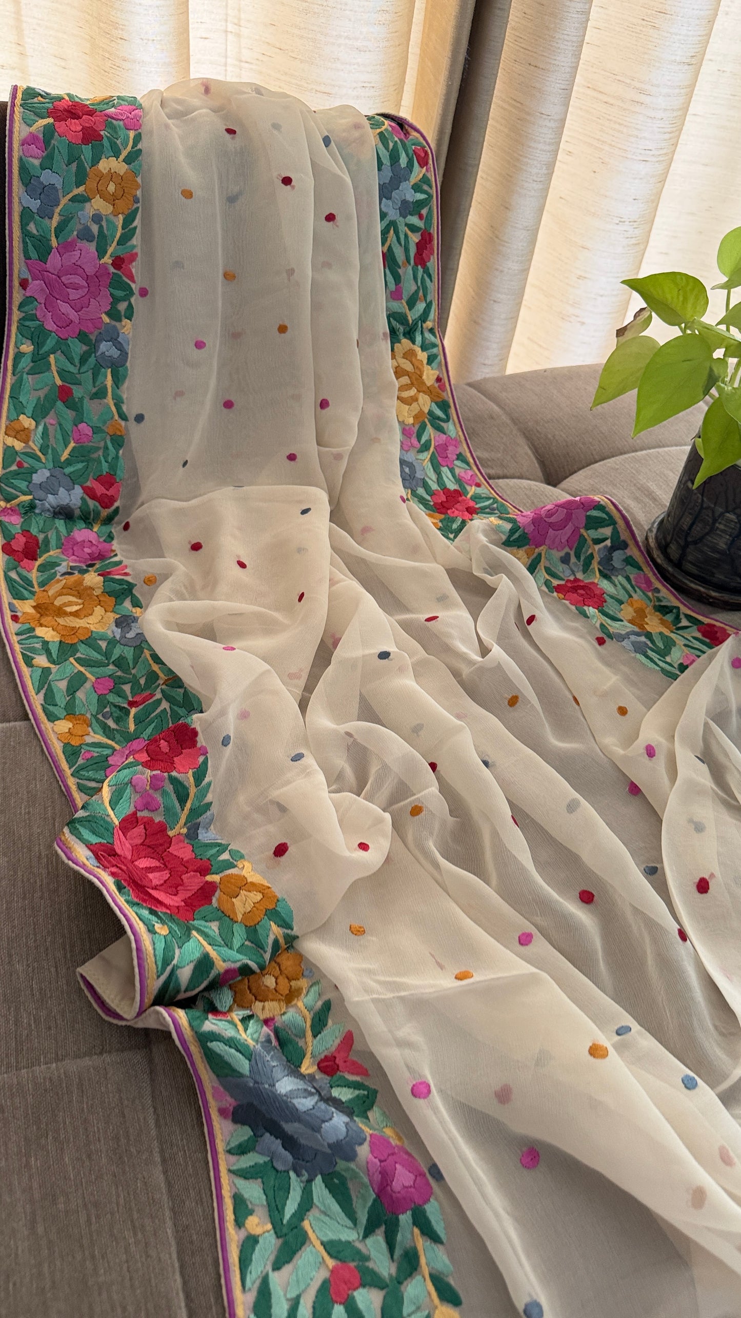 Artisanal Cream Multicolour Parsi Gara Dupatta