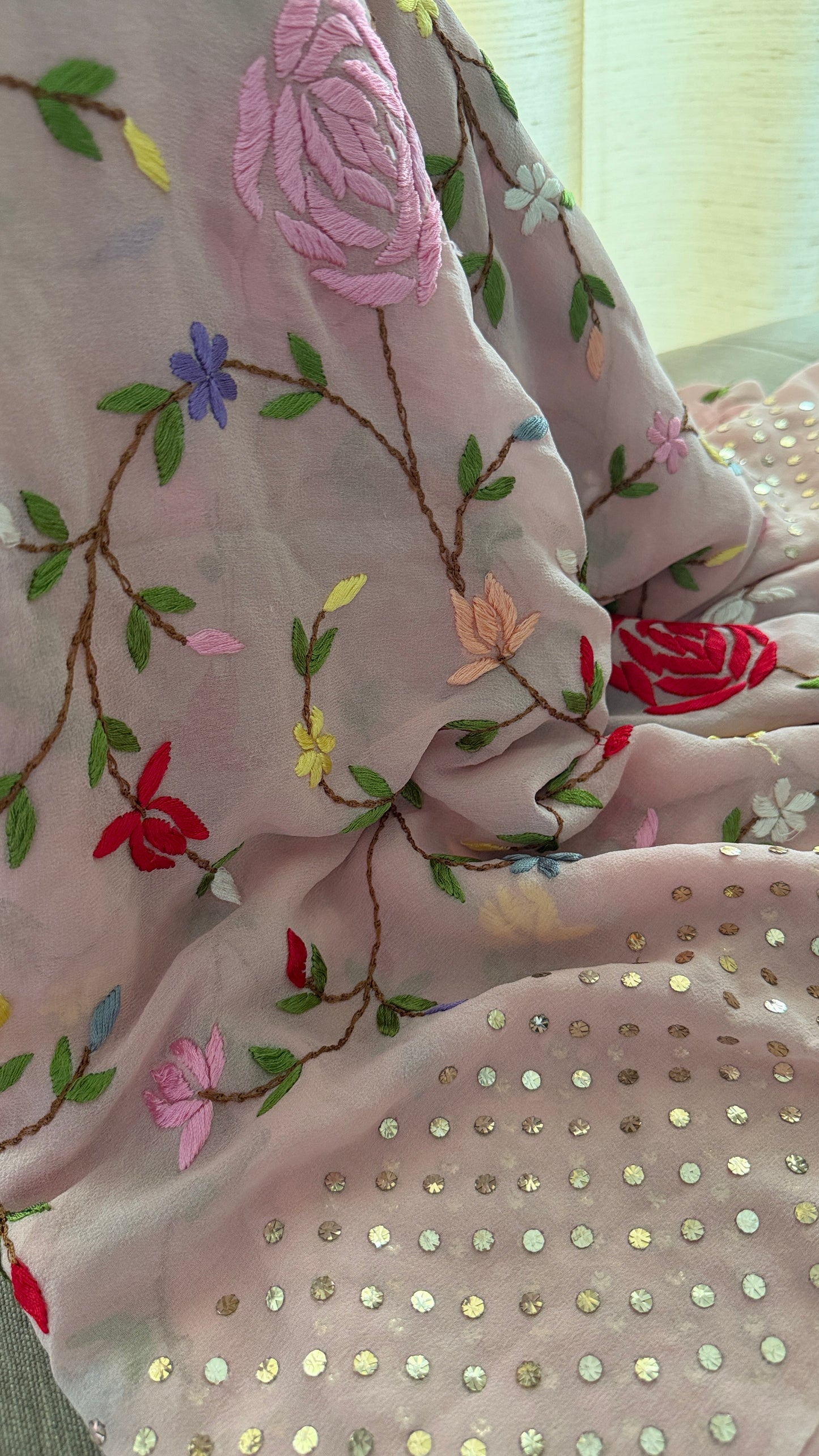 Floral Parsi Gara Embroidered Mukaish Saree