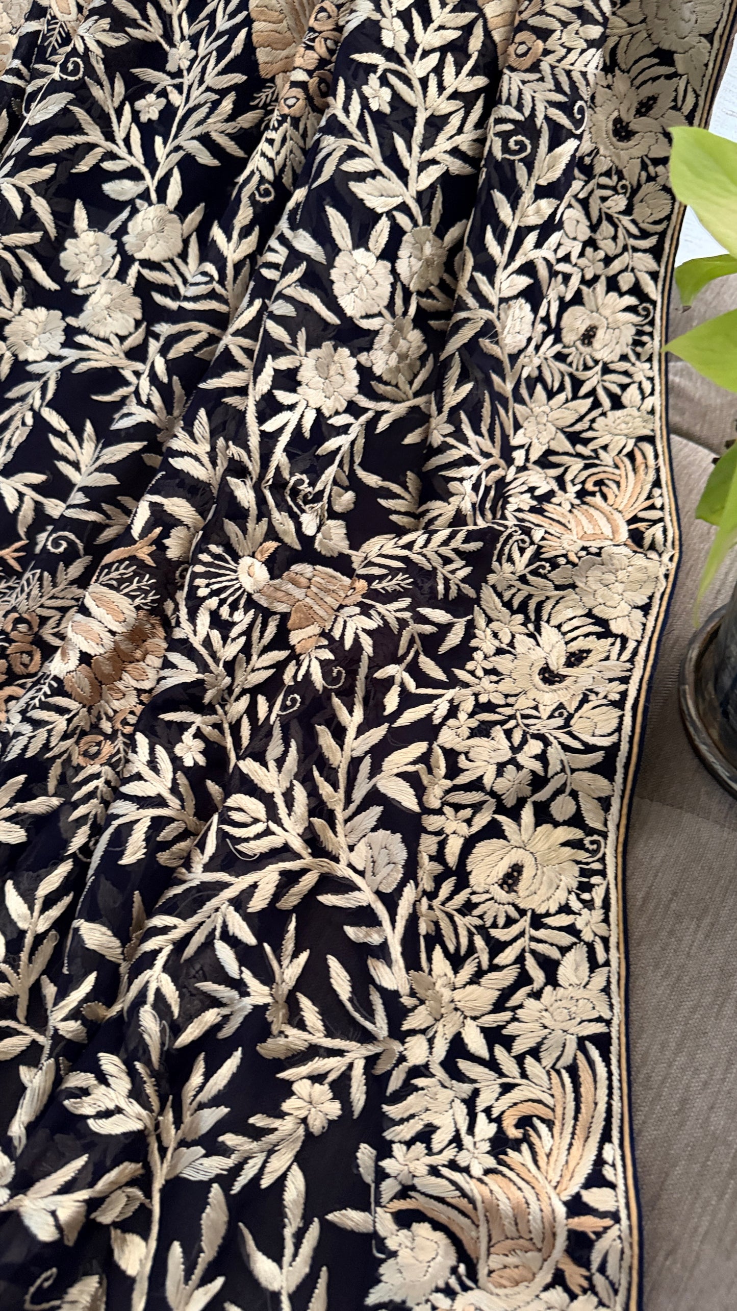 Elegant Navy Hand Embroidered Parsi Gara Dupatta