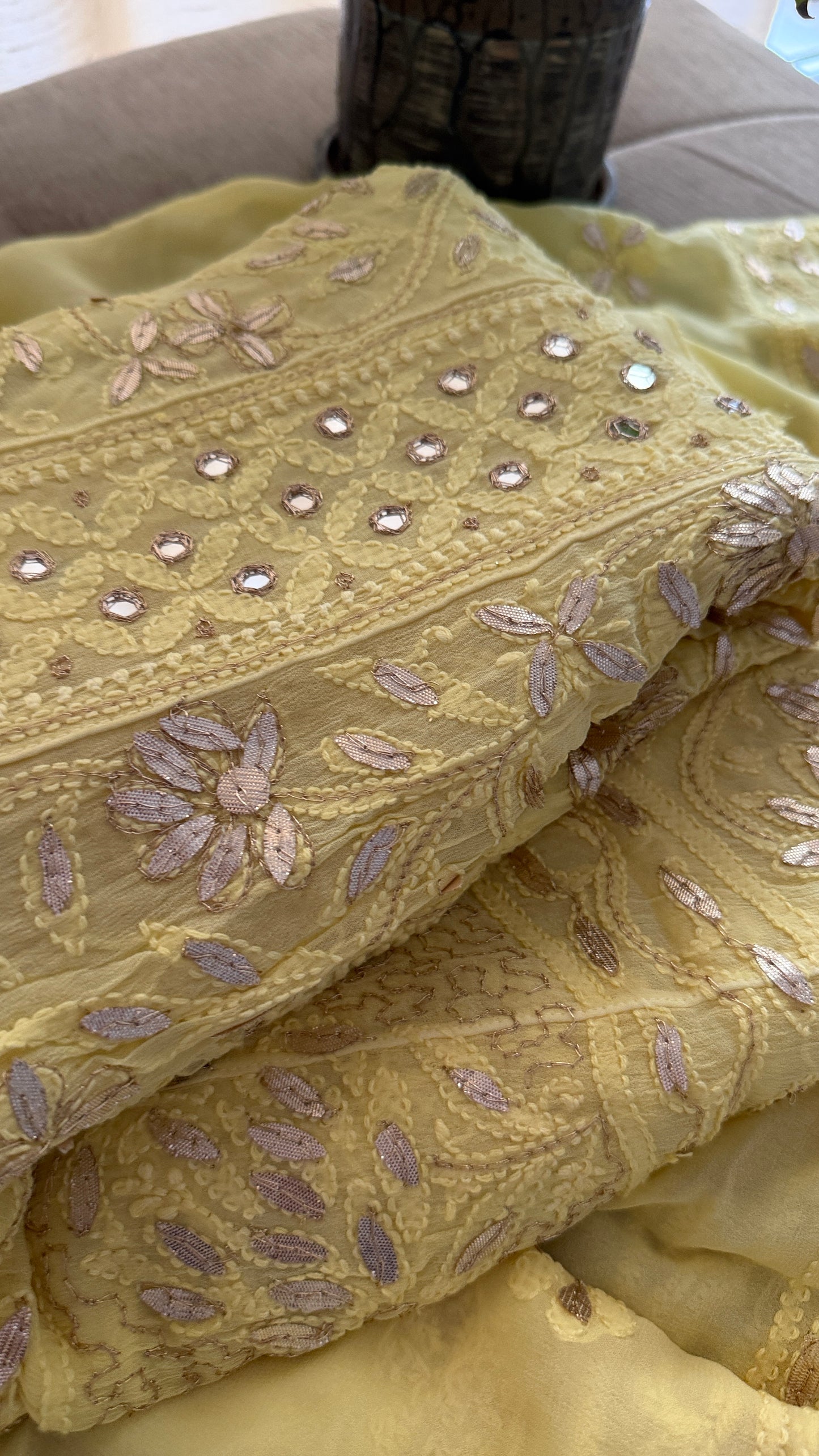 Yellow Mirror Gota Patti Chikankari Anarkali Suit