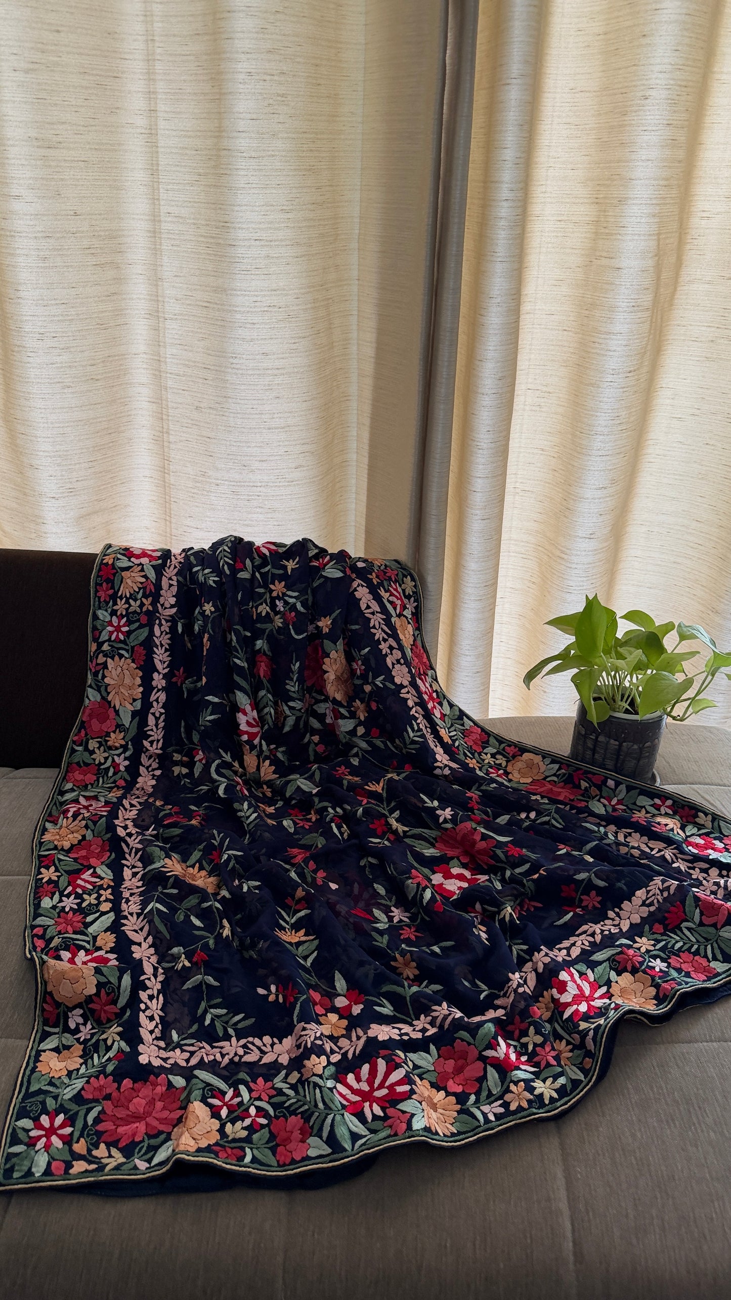 Heirloom Navy Floral Parsi Gara Dupatta