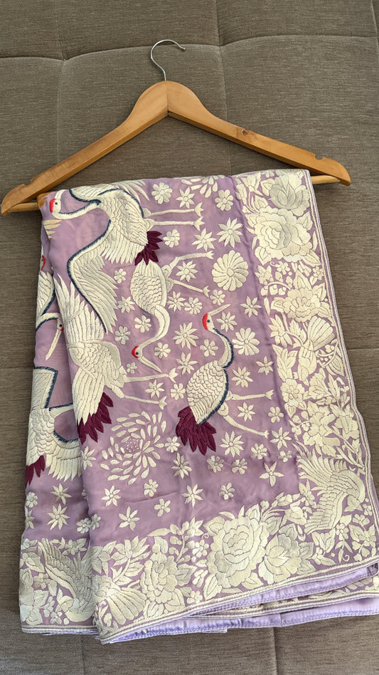 Lilac Pure Georgette Parsi Gara Dupatta