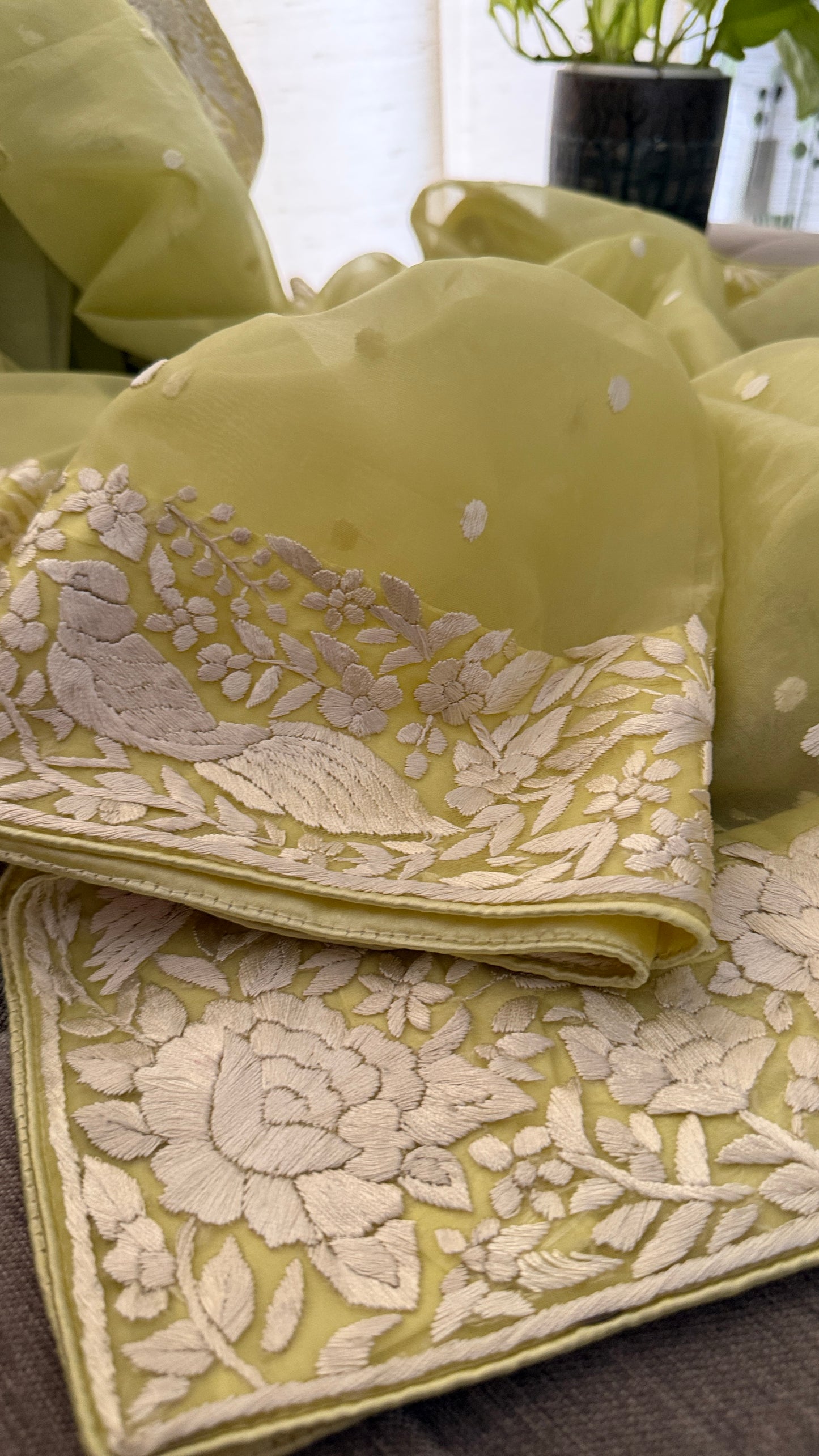 Lime Green Organza Parsi Gara Dupatta