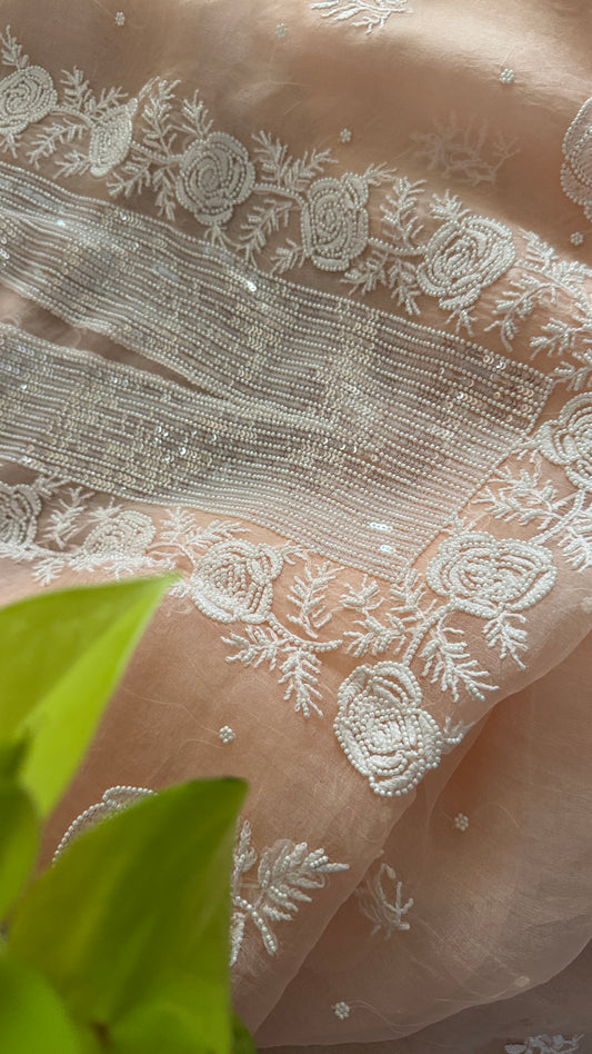 Pearl Embellished Pastel Pink Organza Chikankari Suit