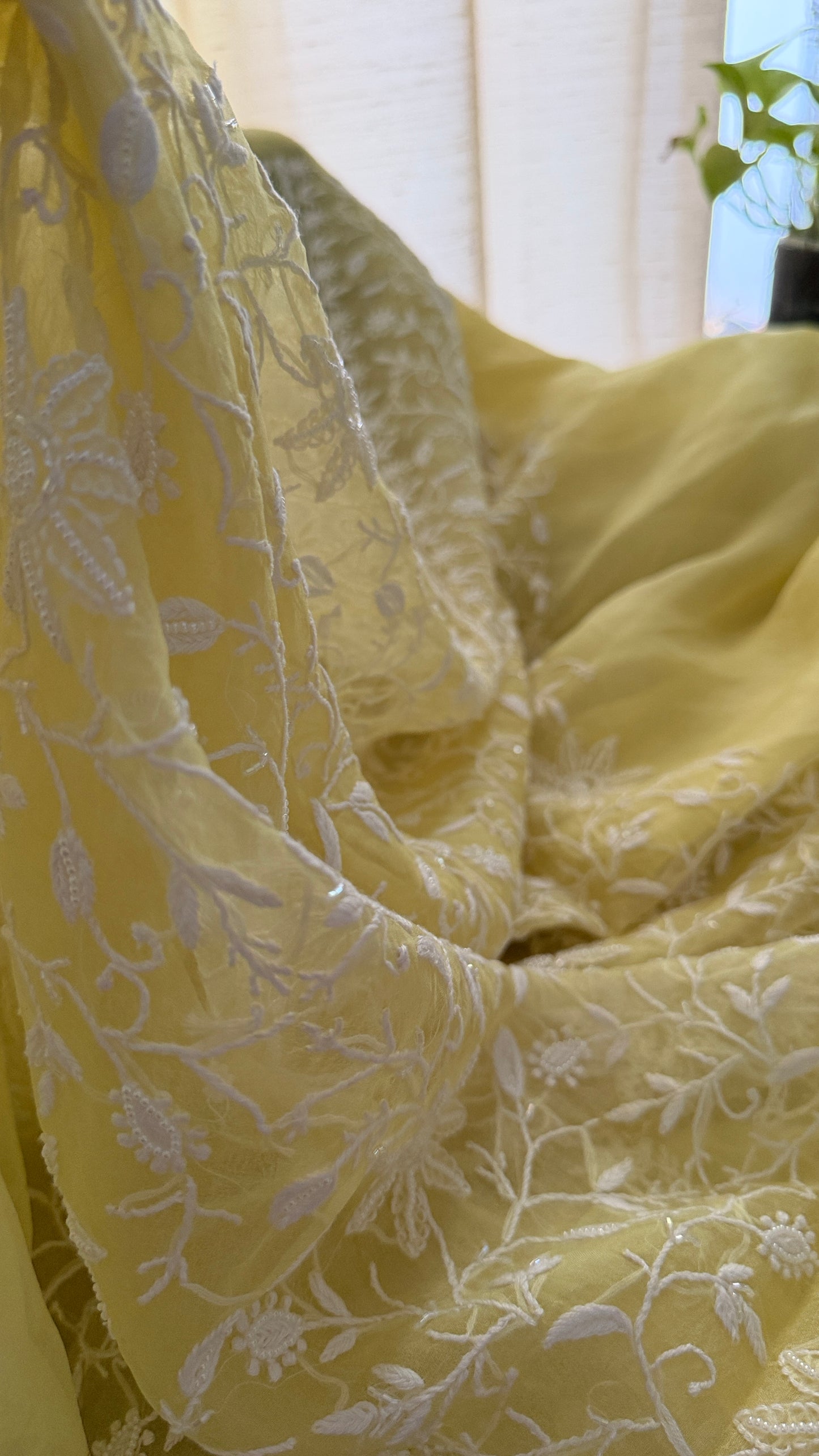 Designer Yellow Organza Cut Dana Pearl Chikankari Suit