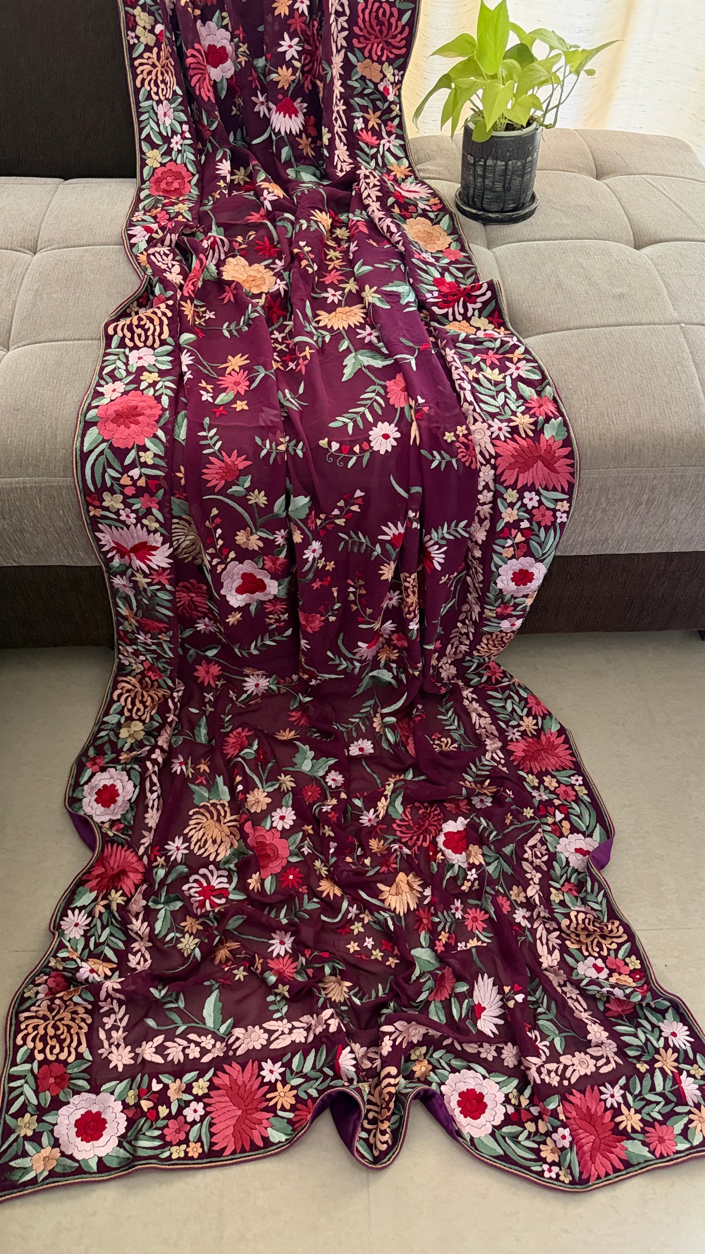 Burgundy Floral Parsi Gara Dupatta