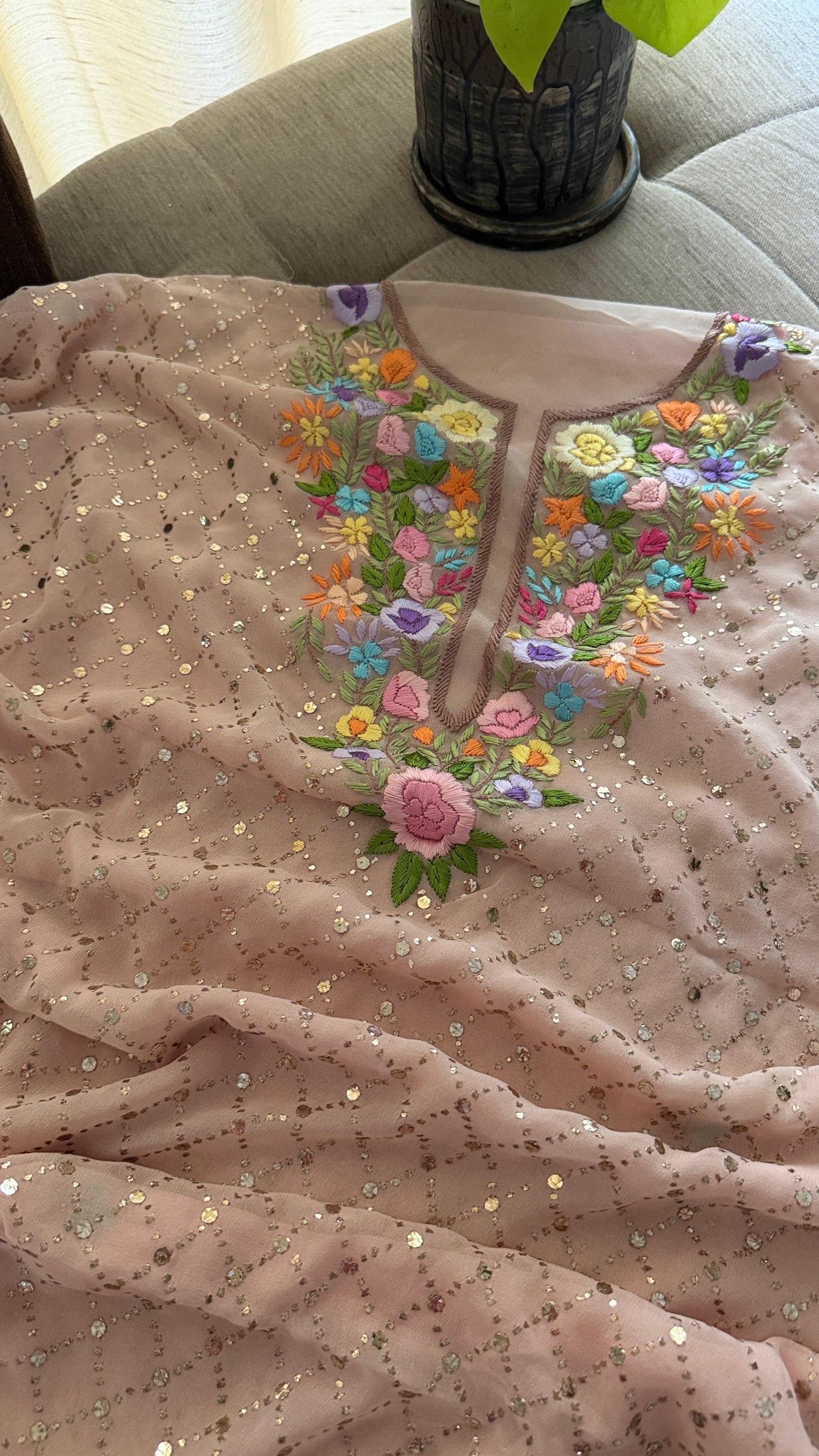 Pink Multicolour Neckline Kamdani Suit