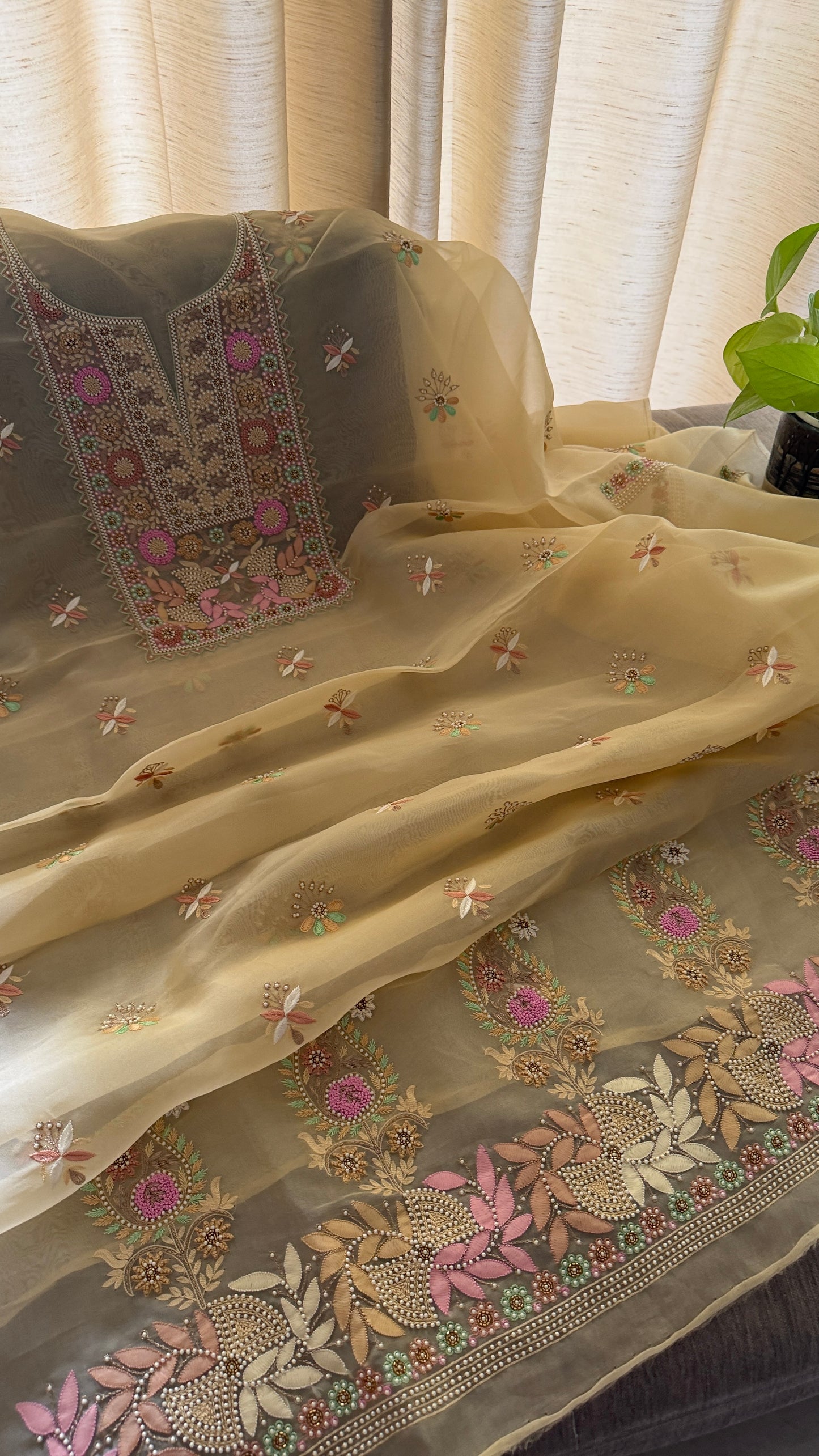 Exclusive Beige Organza Pearls Chikankari Suit