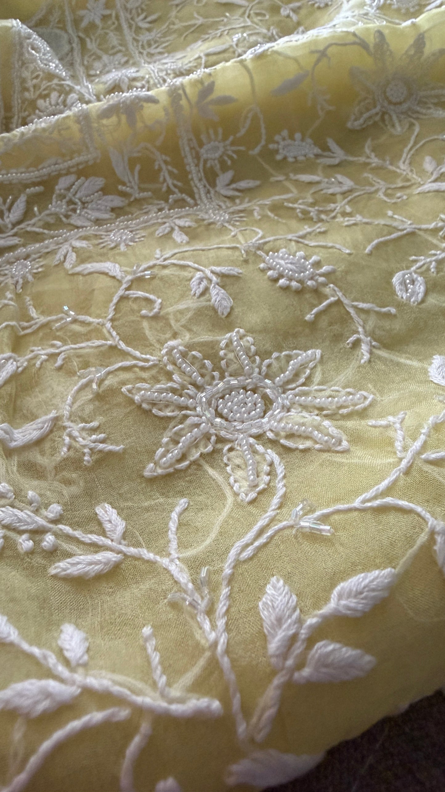 Designer Yellow Organza Cut Dana Pearl Chikankari Suit