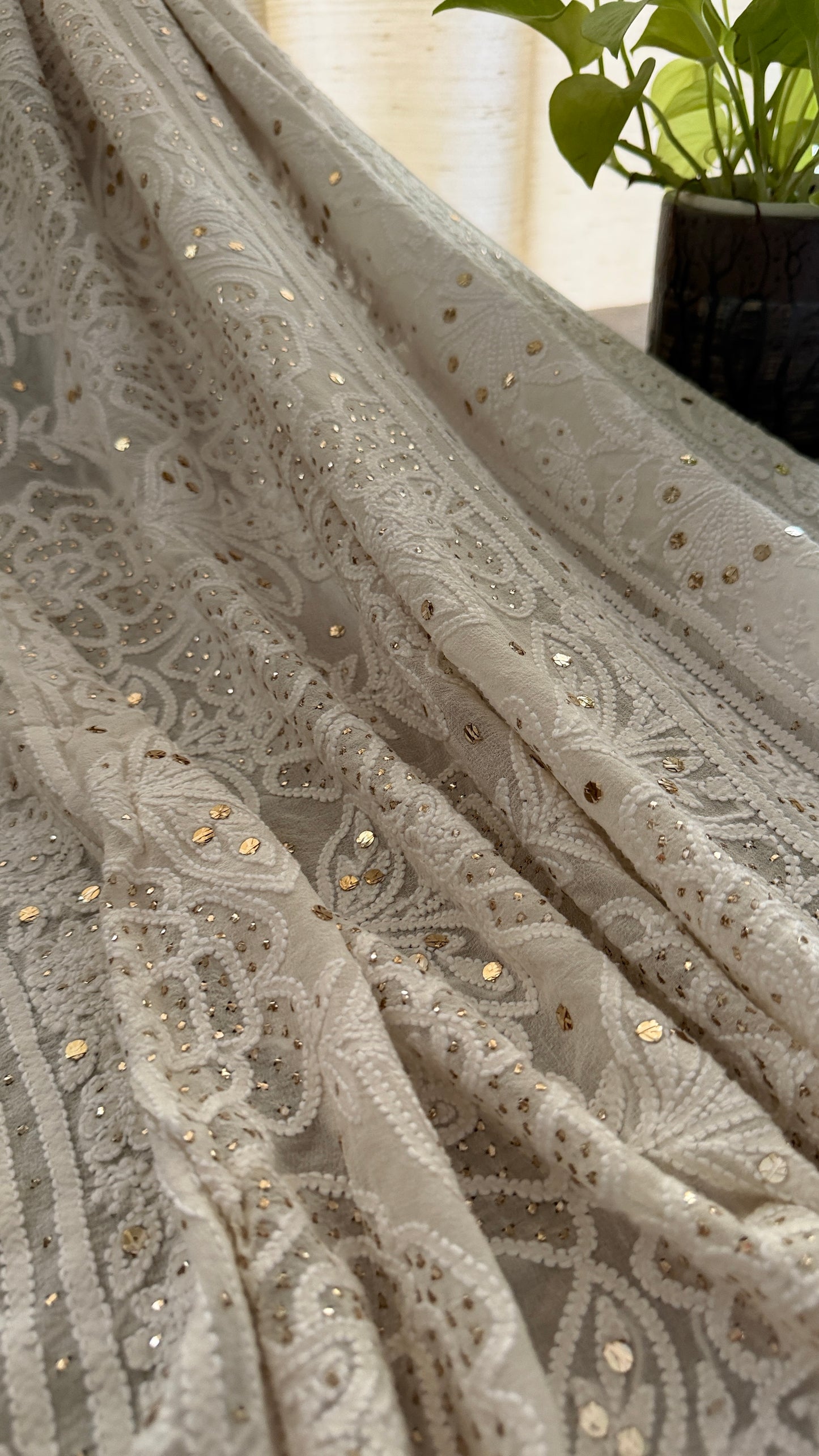Ivory White Golden Mukaish Chikankari Dupatta