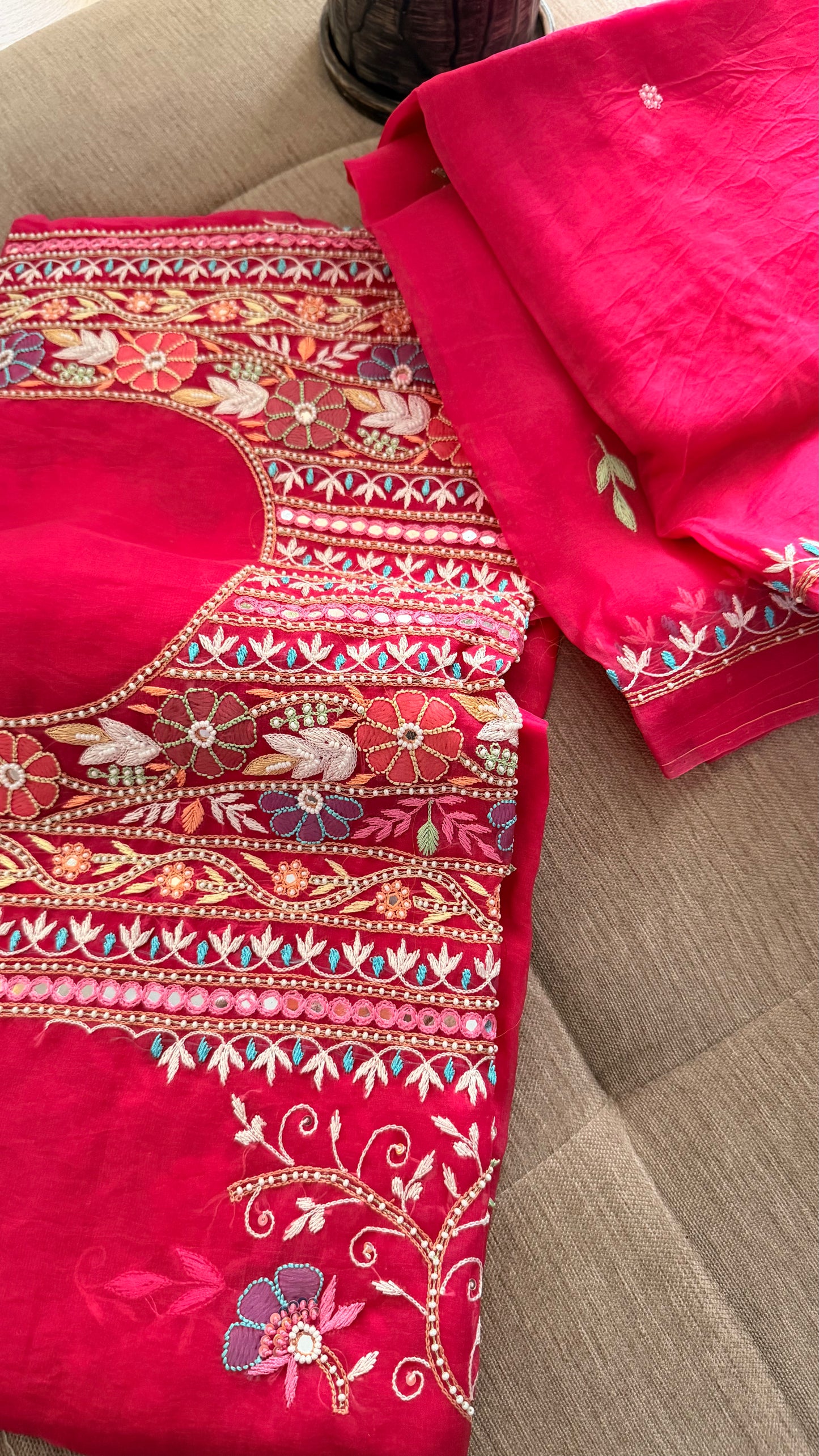 Luxury Pearl Handcrafted Organza Chikankari Suit- Magenta