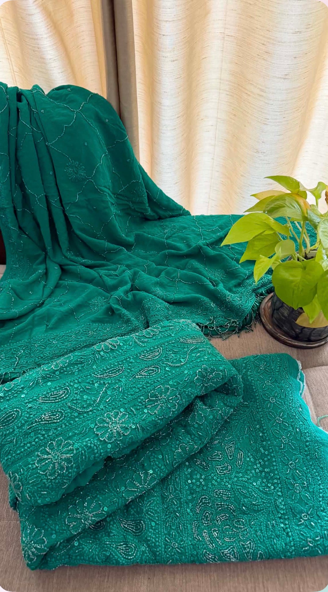 Designer Emerald Greeen Cut Dana Work Chikankari Anarkali & Dupatta Set
