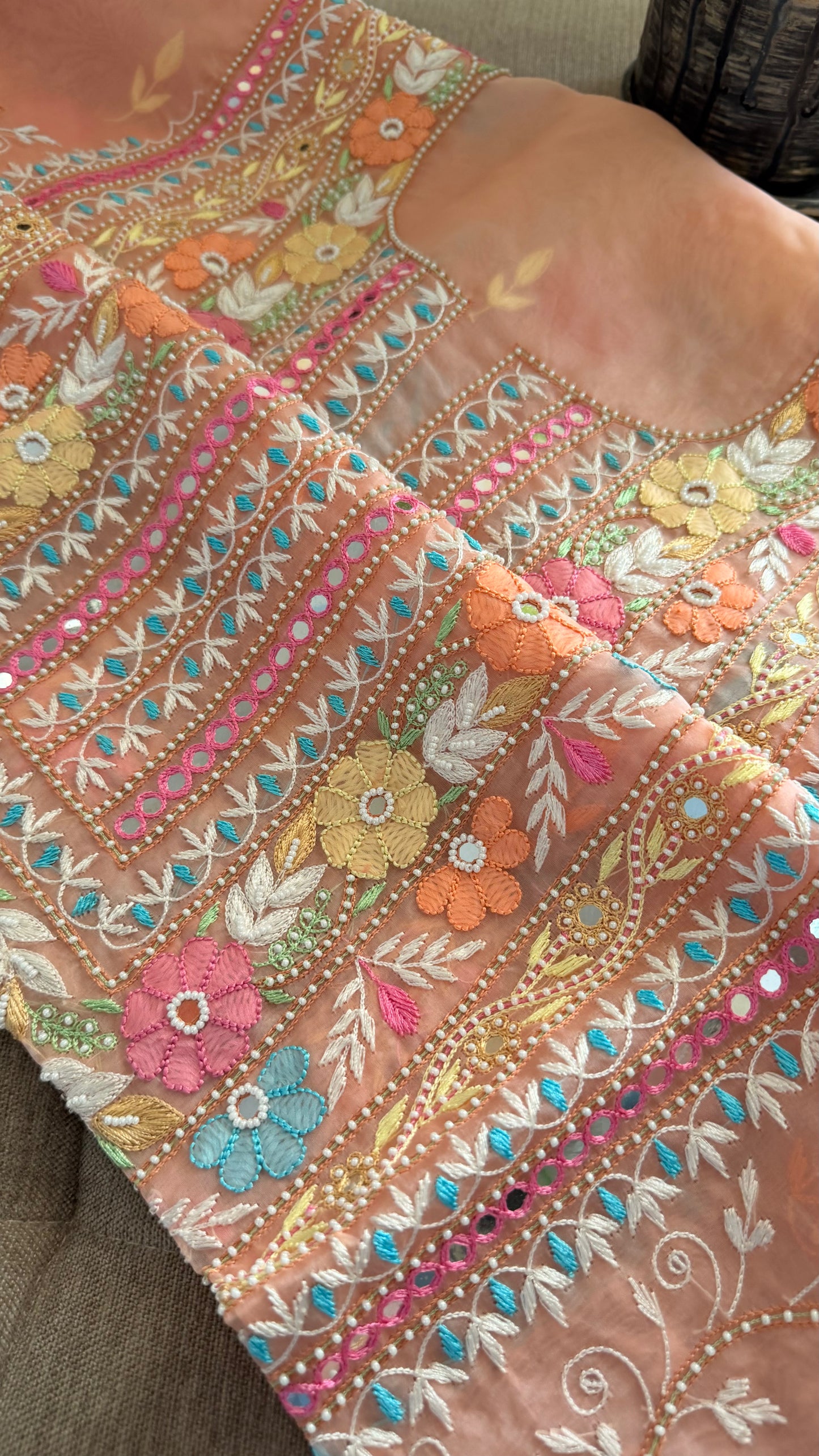 Luxury Pearl Handcrafted Organza Chikankari Suit- Peach