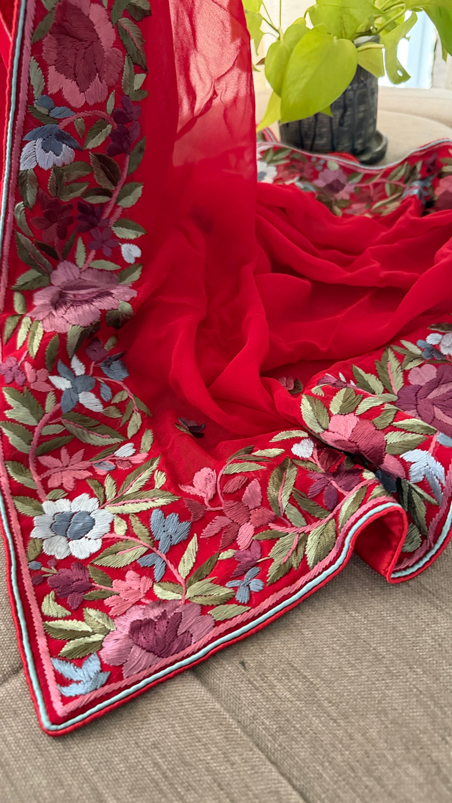 Artisanal Red Floral Parsi Gara Dupatta