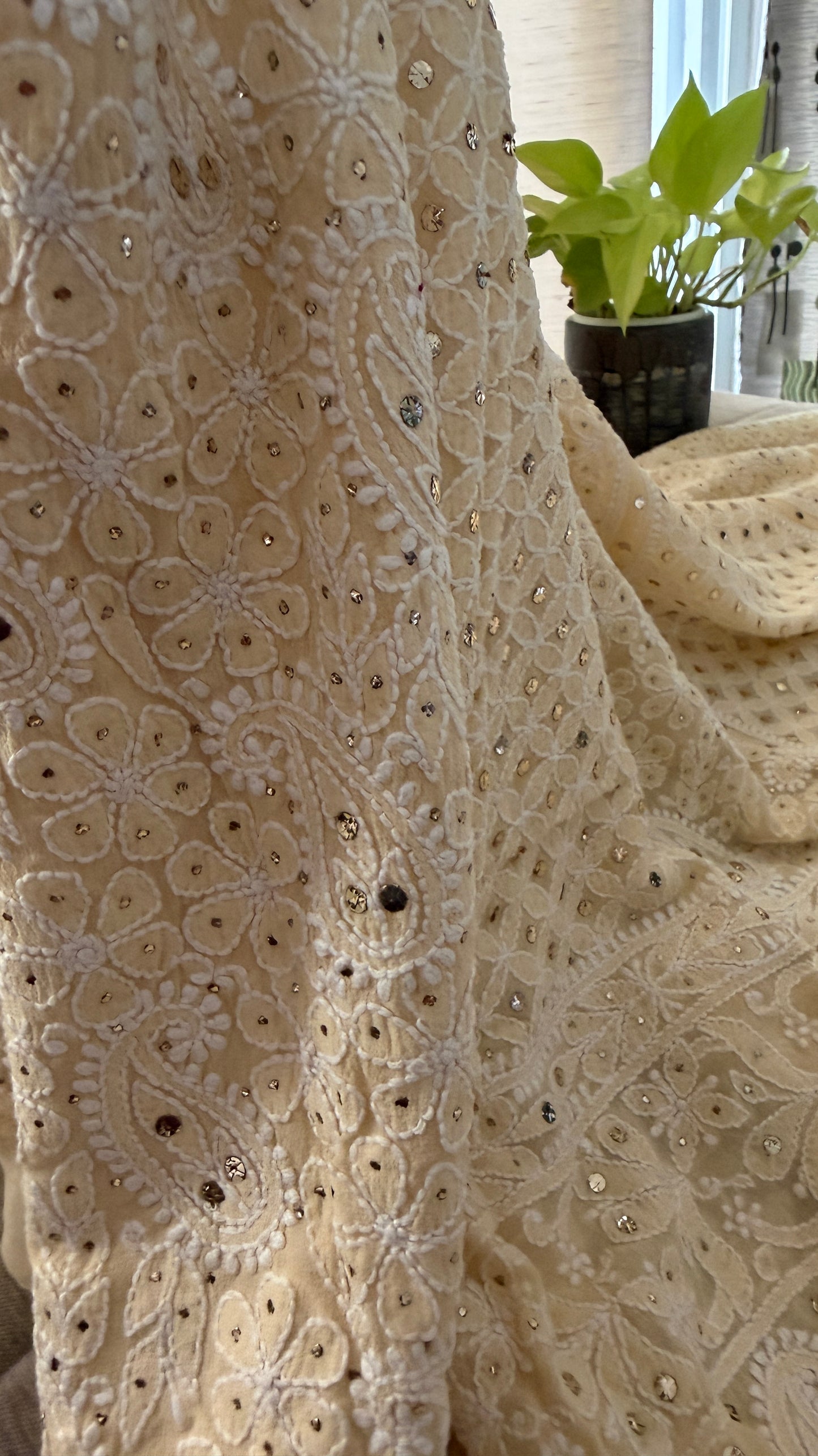 Beige Mukaish Chikankari Lehenga Skirt (Lehenga Only)