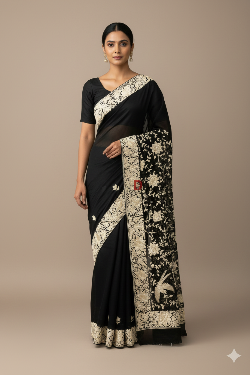 Pre Order Black Parsi Gara Hand Embroidered Saree
