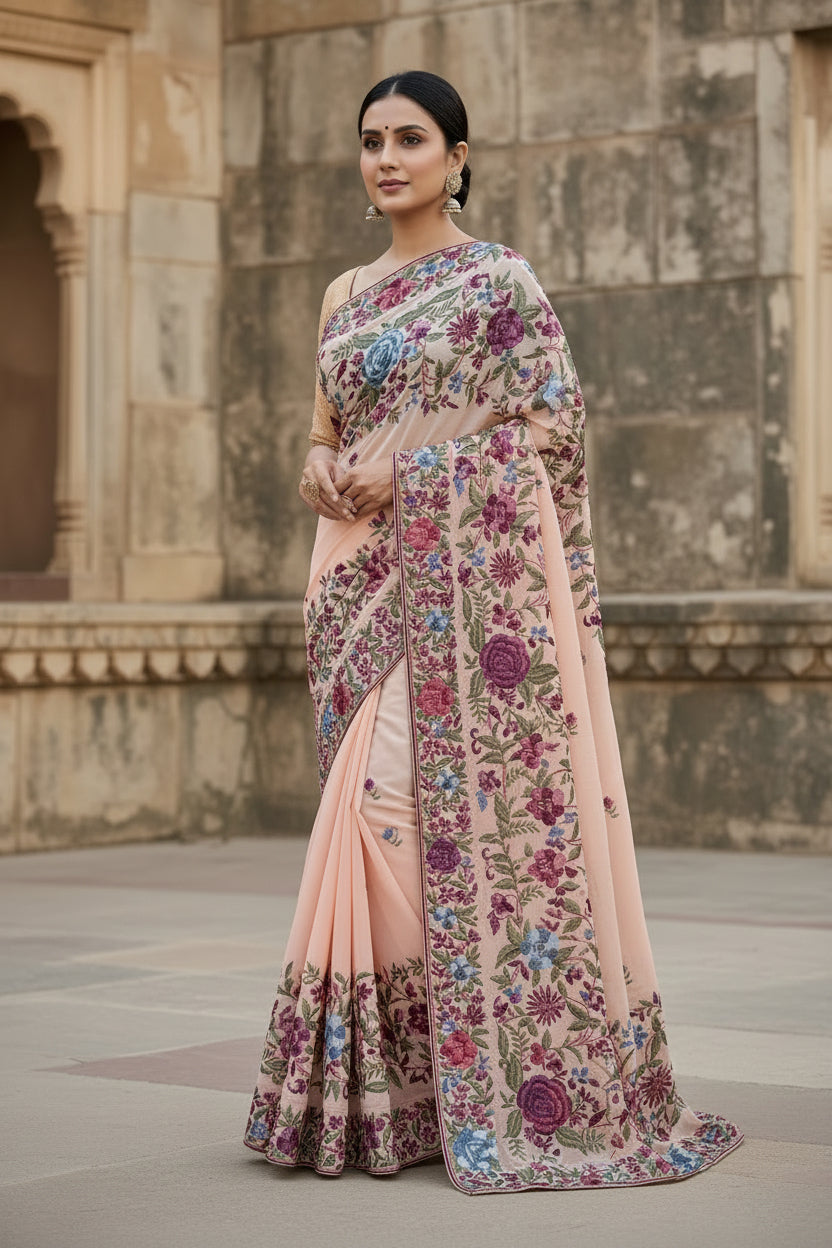 A woman models a peach-colored heirloom Parsi gara saree with intricate floral embroidery in shades of purple, blue, and green, set against a stone wall background.