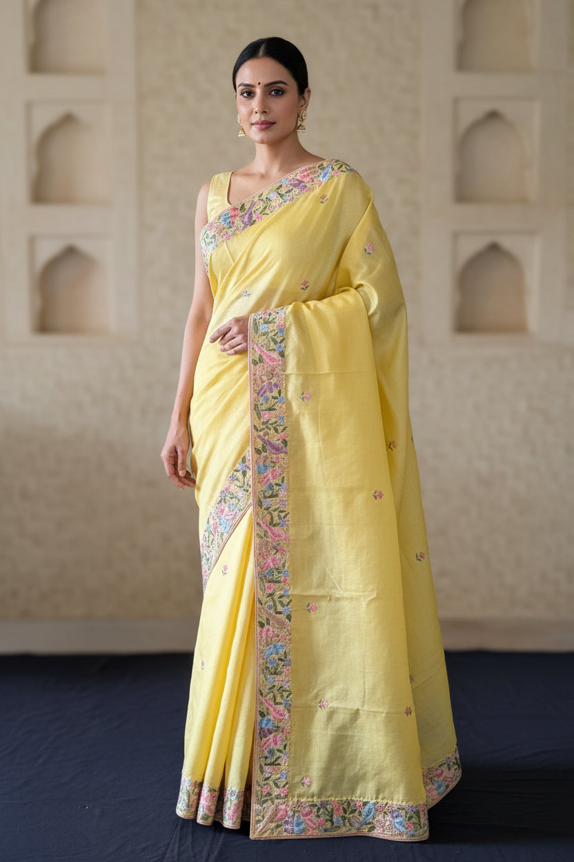 A woman modeling a light yellow saree with a heavily embroidered floral border in pink, green, and blue, set against a beige textured wall with recessed arches.