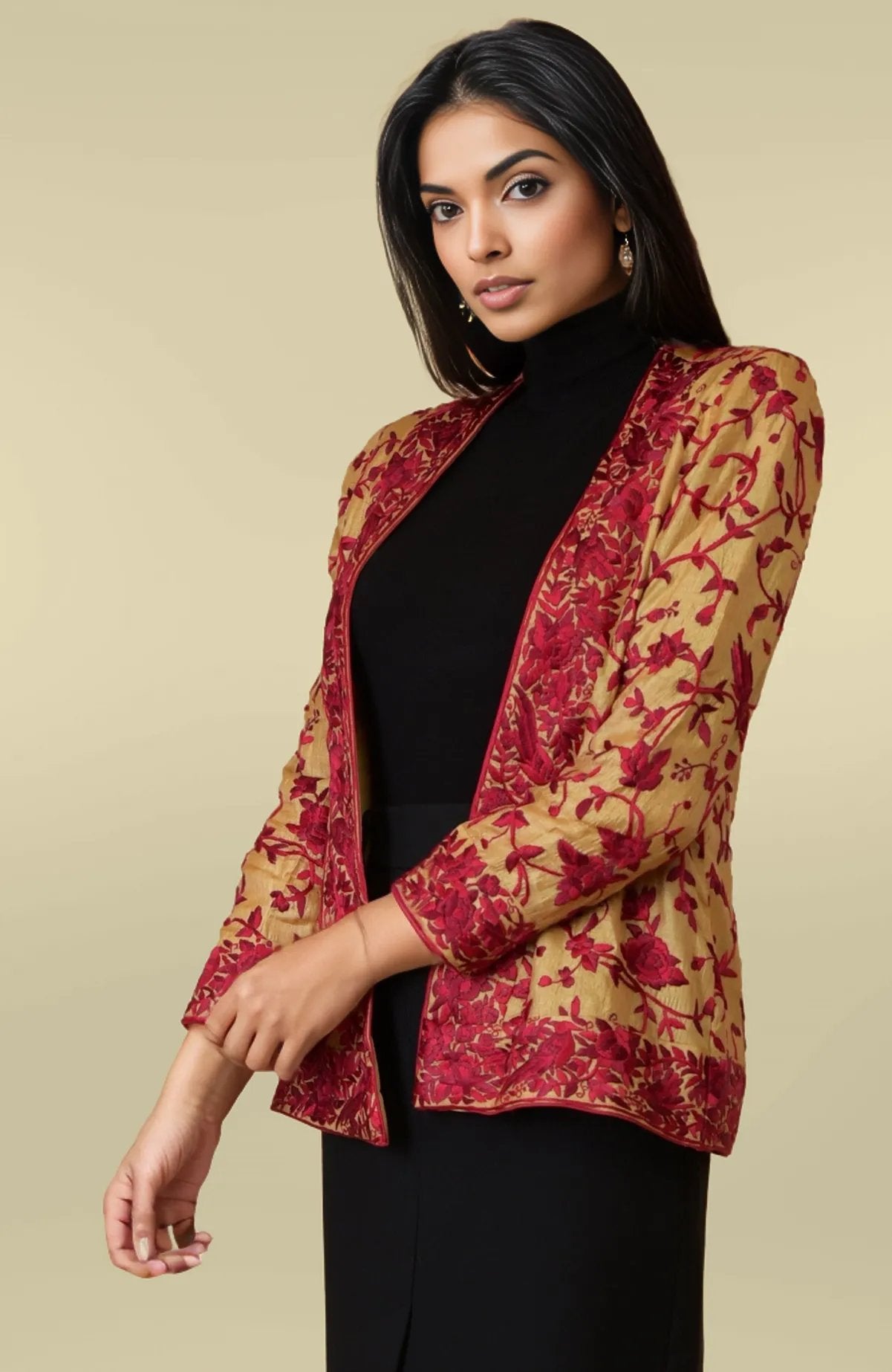 Beige & Red Parsi Coat - Hand Embroidered Jacket