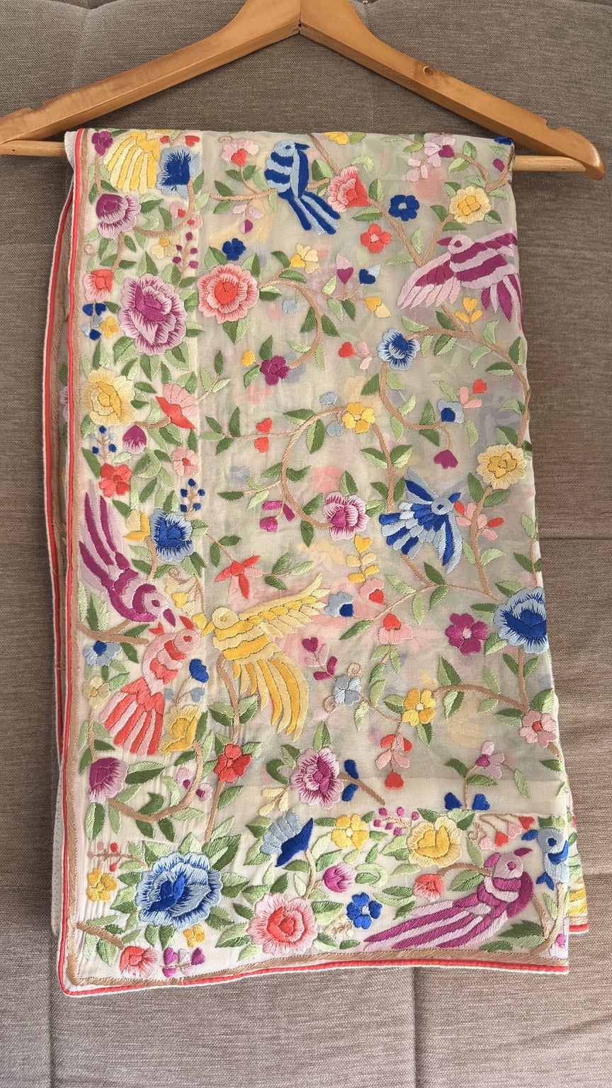 Elegant Ivory Multicolour Parsi Gara Dupatta