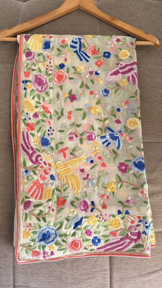 Elegant Ivory Multicolour Parsi Gara Dupatta