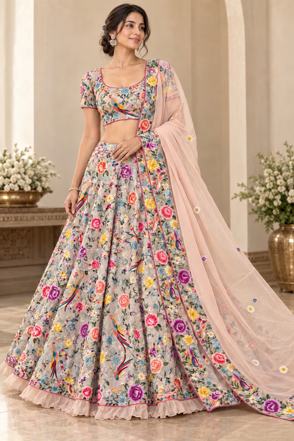 Peach Parsi Gara Hand Embroidered Lehenga Set