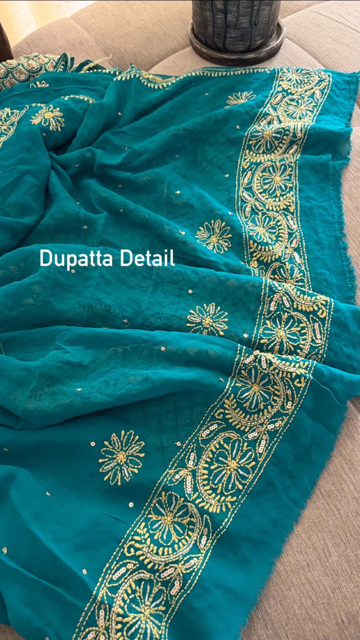 Masterpiece Green Gold Cut Dana Sequin Chikankari Suit (Kurta & Dupatta)