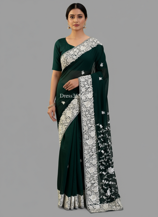 Pre Order Bottle Green & Ivory Parsi Gara Saree