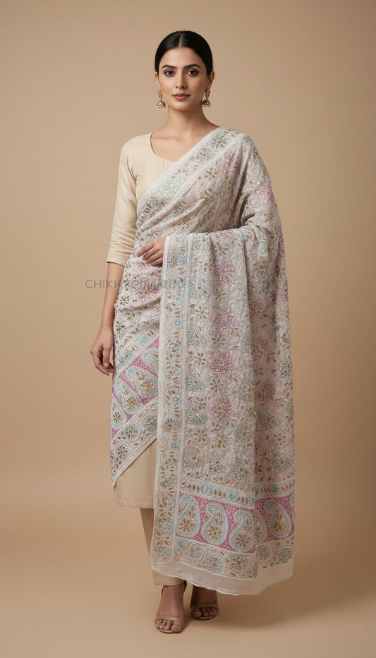 Lucknowi Chikankari dupatta with Multicoloured embroidery 