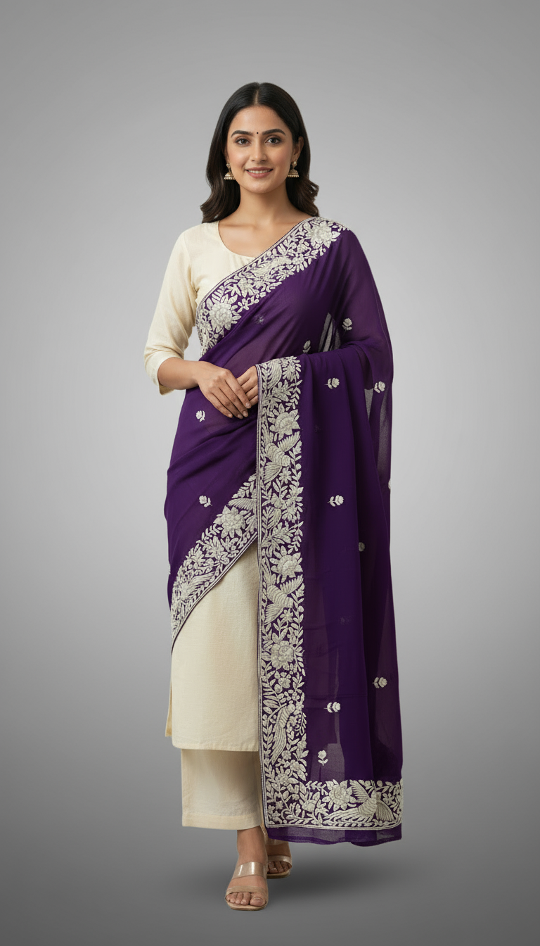 Women Wearing Purple Parsi Gara Dupatta