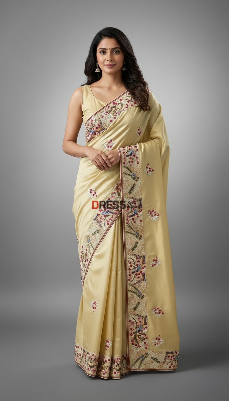 Woman wearing a light yellow Parsi gara saree with floral patterns on a beige background