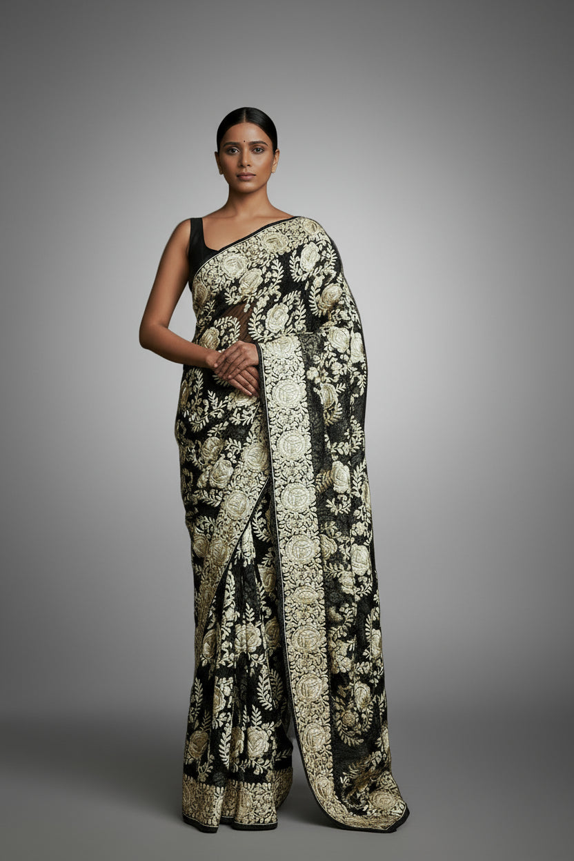 Superfine Black parsi gara saree