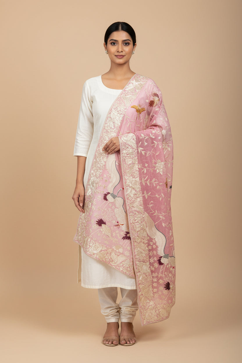 Handcrafted Baby Pink Parsi Gara Dupatta
